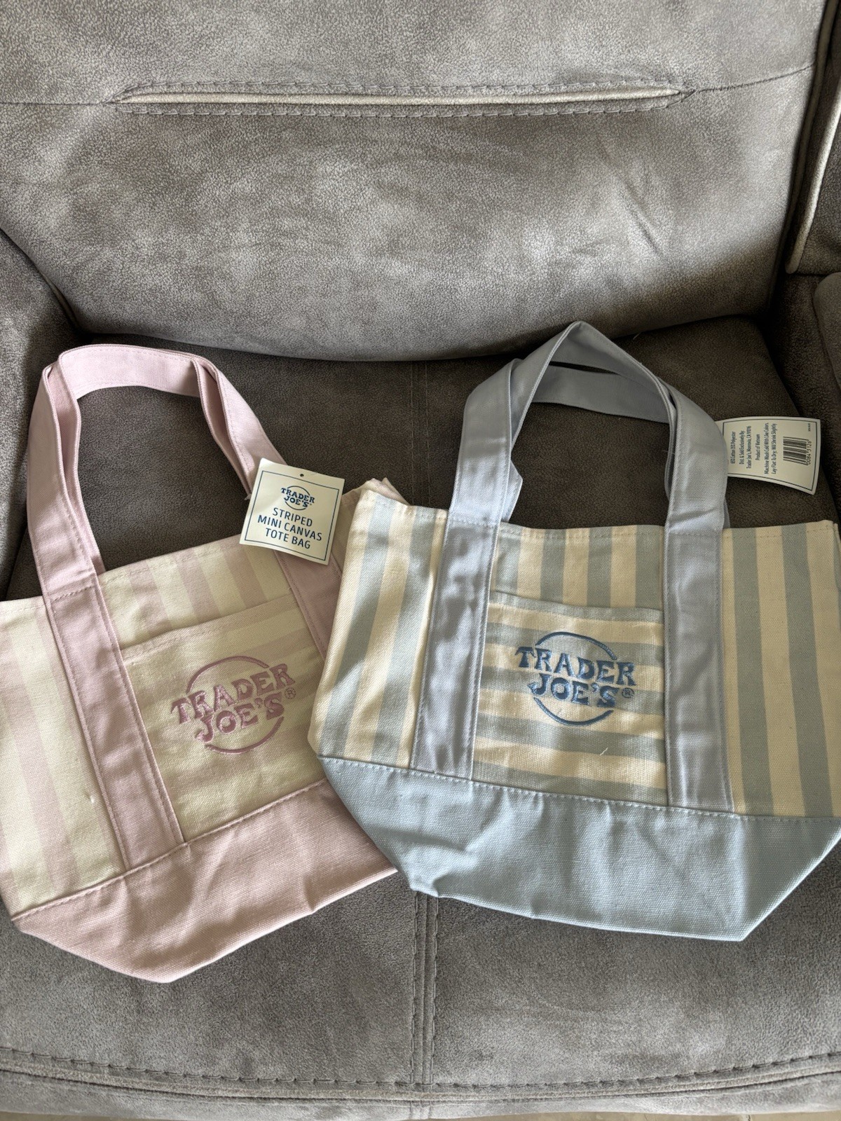 Trader Joe’s Pink and Blue Striped Mini Reusable Canvas Tote Bag BUNDLE OF 2
