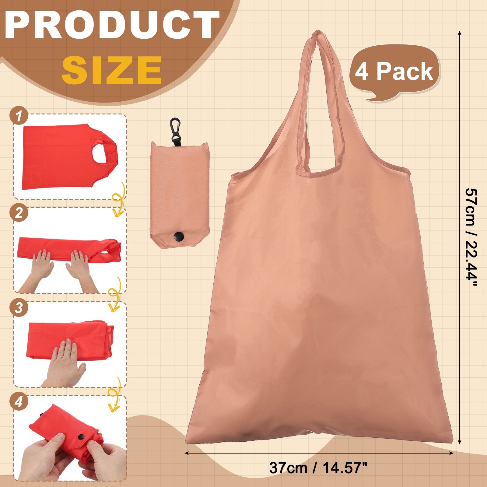 4 Pack Foldable Travel Bag with Handles Washable Shopping Tote Pouch Pink