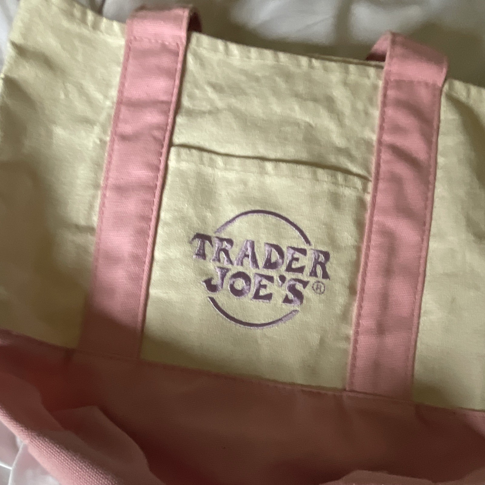 Trader Joe’s Small Canvas Reusable Tote Bag Beige/Pink Purple Logo 8x6x8