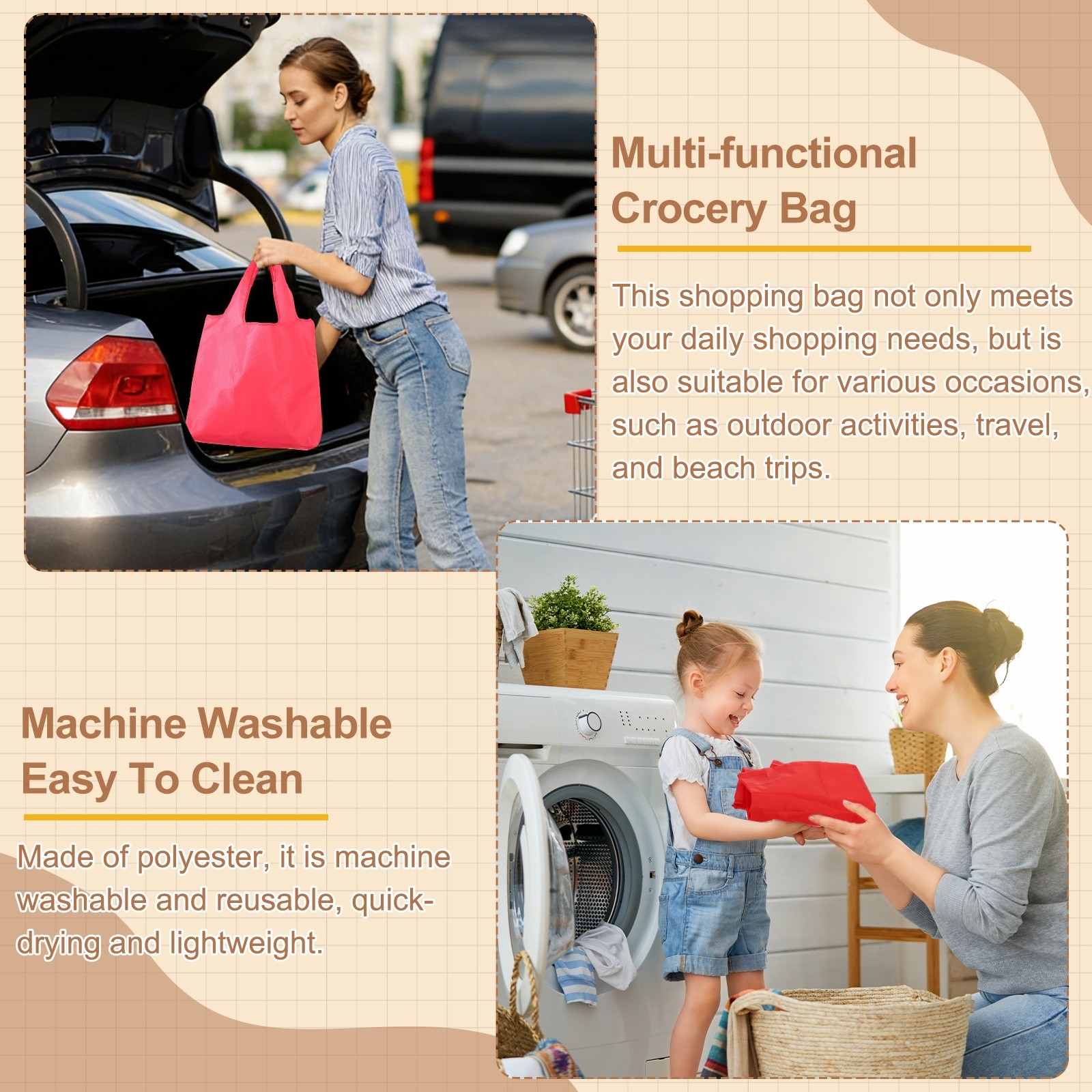 Washable Shopping Bags with Handles Bulk Foldable Grocery Bags Navy Blue L