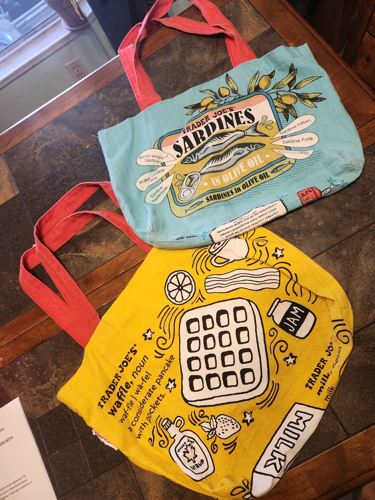 Trader Joes Sardines Canvas Tote Bag Teal Red Grocery Bag Made in USA Novelty