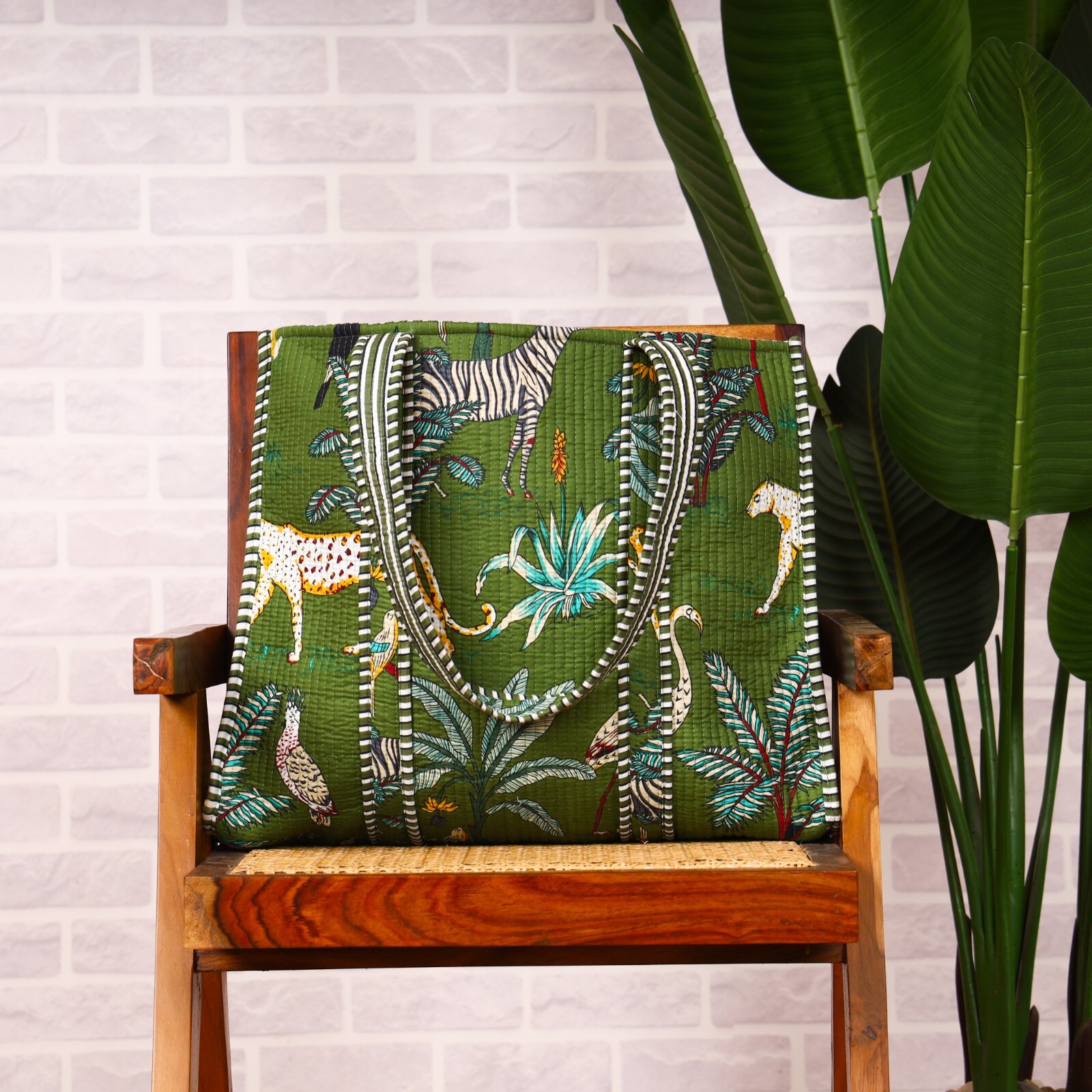 Traditional Quilted Tiger Print Vintage Indian Block Print Tote Travel Handbag