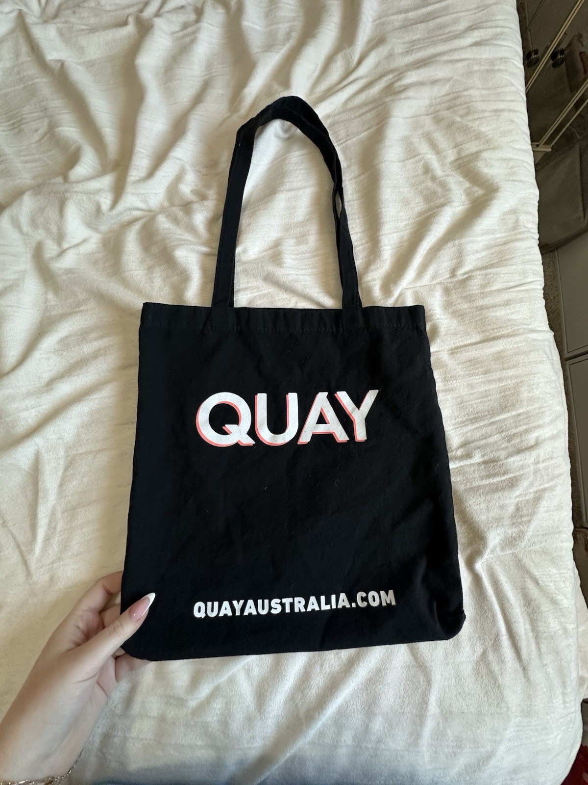 QUAY Black Canvas Reusable Tote Bag Love Your Selfie Text Pattern
