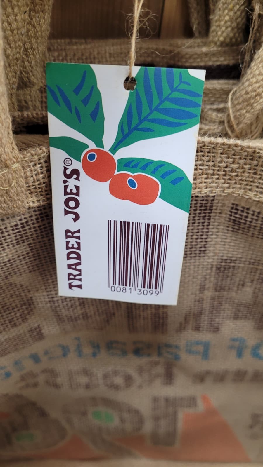 NWT! Trader Joe’s Pasadena 1967 Coffee Beans Reusable Jute Tote Bag