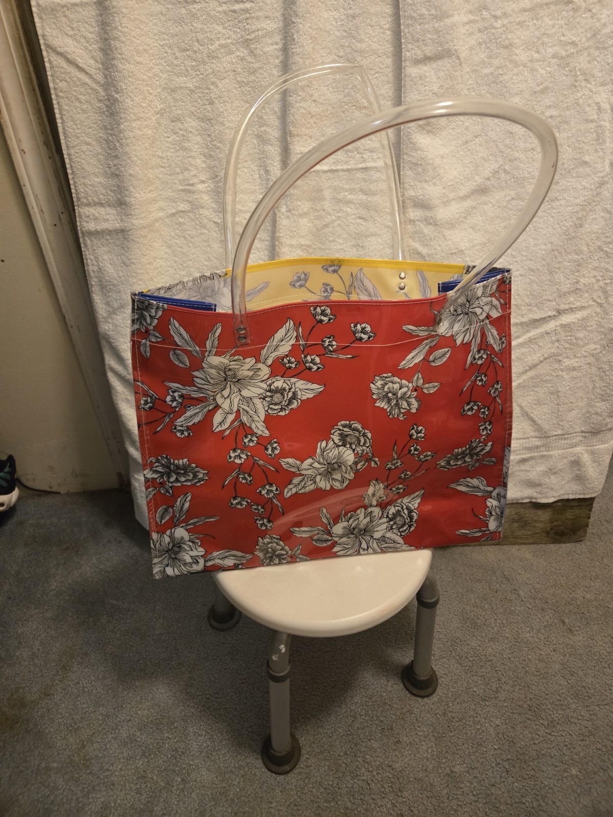 Large Multicolor Floral Foldable Plastic Reusable Shopping Bag Clear Handles