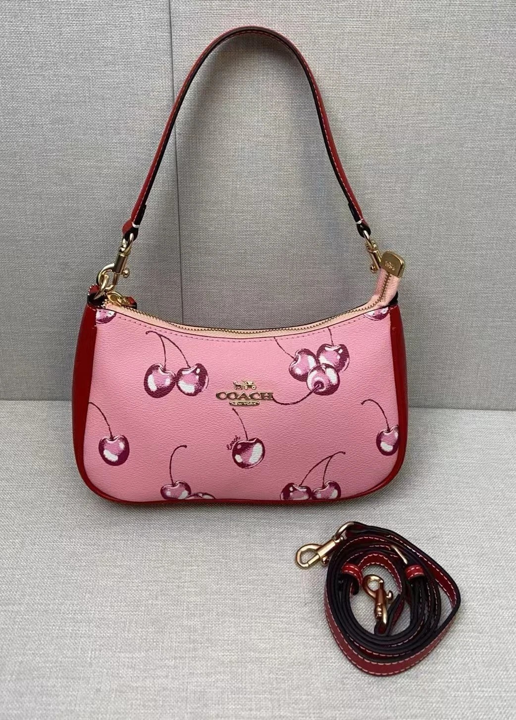 NWT Teri 2way Shoulder Bag Canvas Leather Cherry Print Pink CR290 New