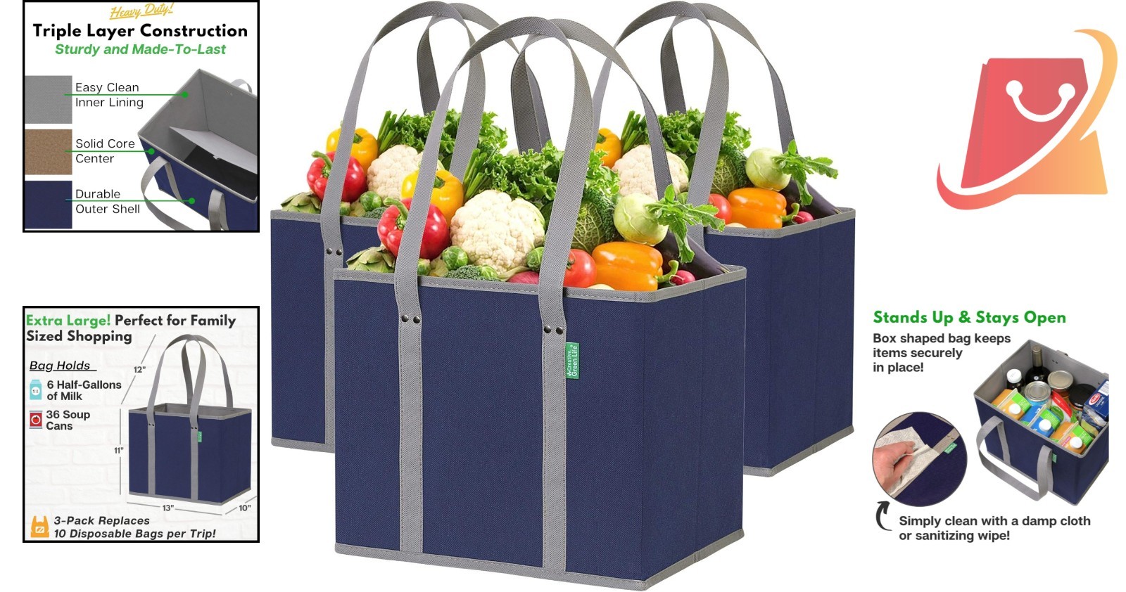 Reusable Grocery Bags 3 Pack Canvas Heavy Duty Large Tote Box Shape Stand Up