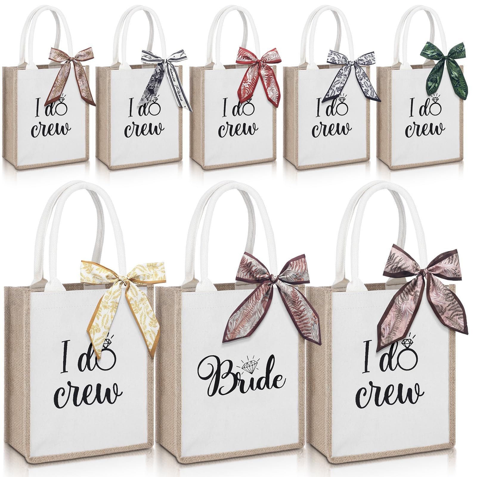 Sweetude 8 Pack Wedding Bride Tote Bags with Vintage Ribbons Beach Burlap Reu…