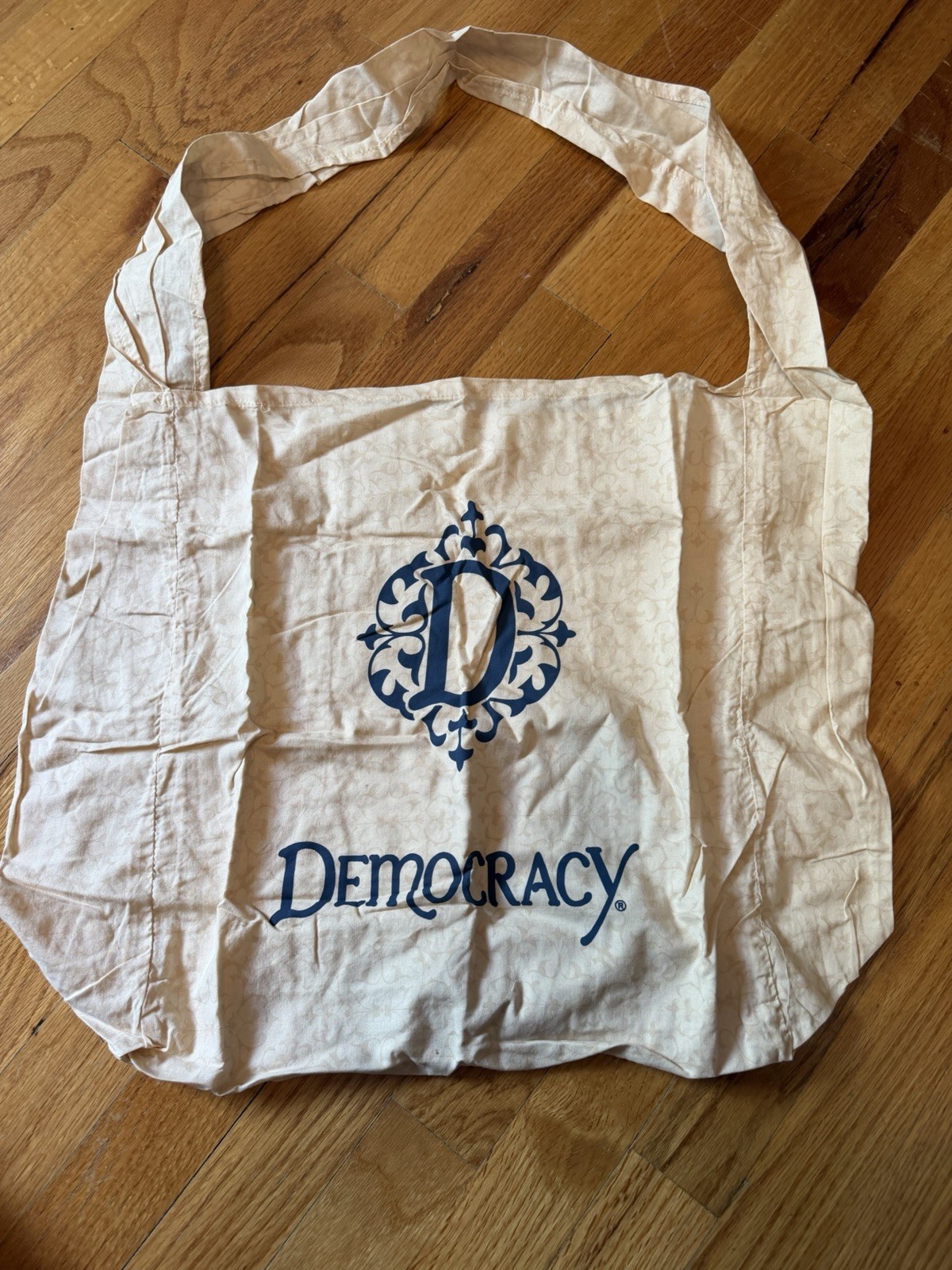 Democracy Reusable Foldable Cotton Shopping Tote Bag Beige Blue Medium