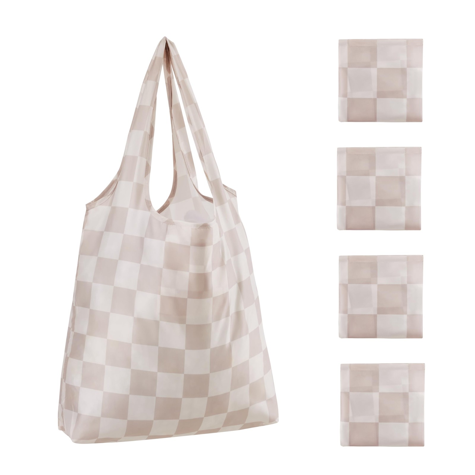Beige Khaki Checkered Reusable Grocery Shopping Bags 4 Packs, Cute Colorful A…