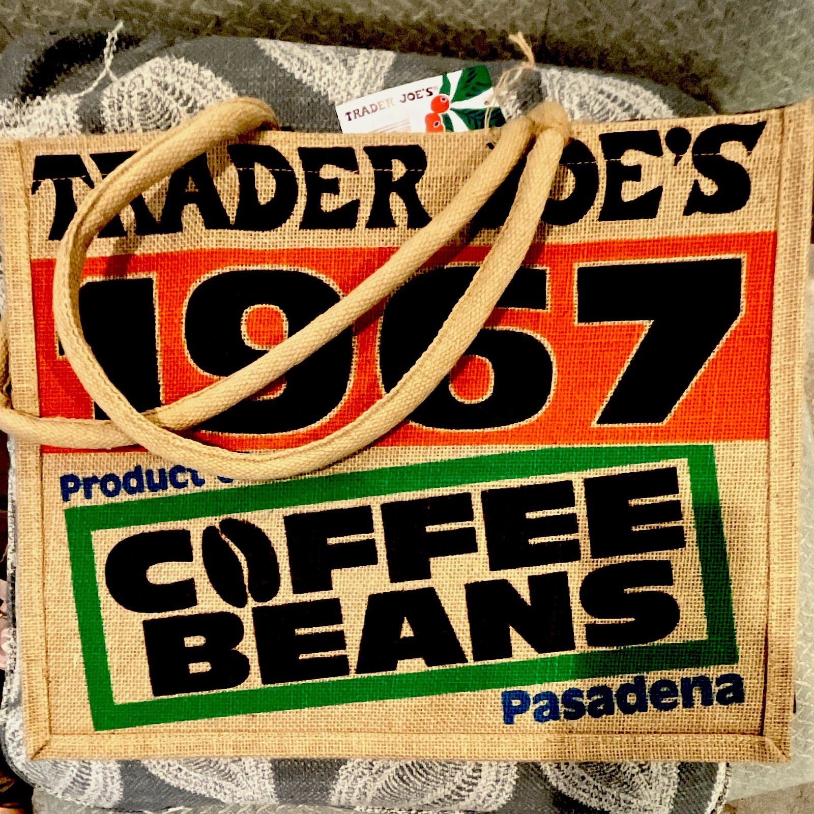 Trader Joe’s 1967 Pasadena Coffee Beans Tote Bag Beige Graphic Print 18x12x14