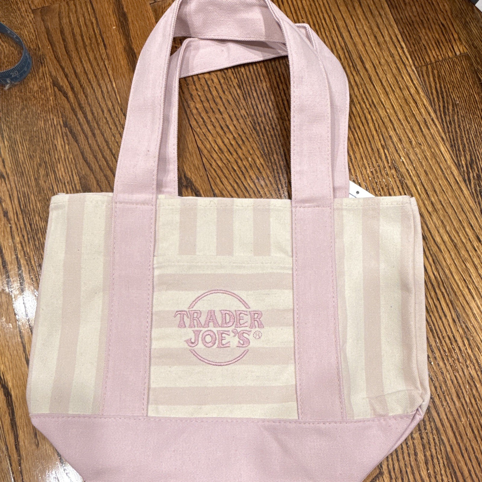 Trader Joe’s Striped Mini Canvas Tote Bag Beige/Pink Cotton Blend 13x11x6 New