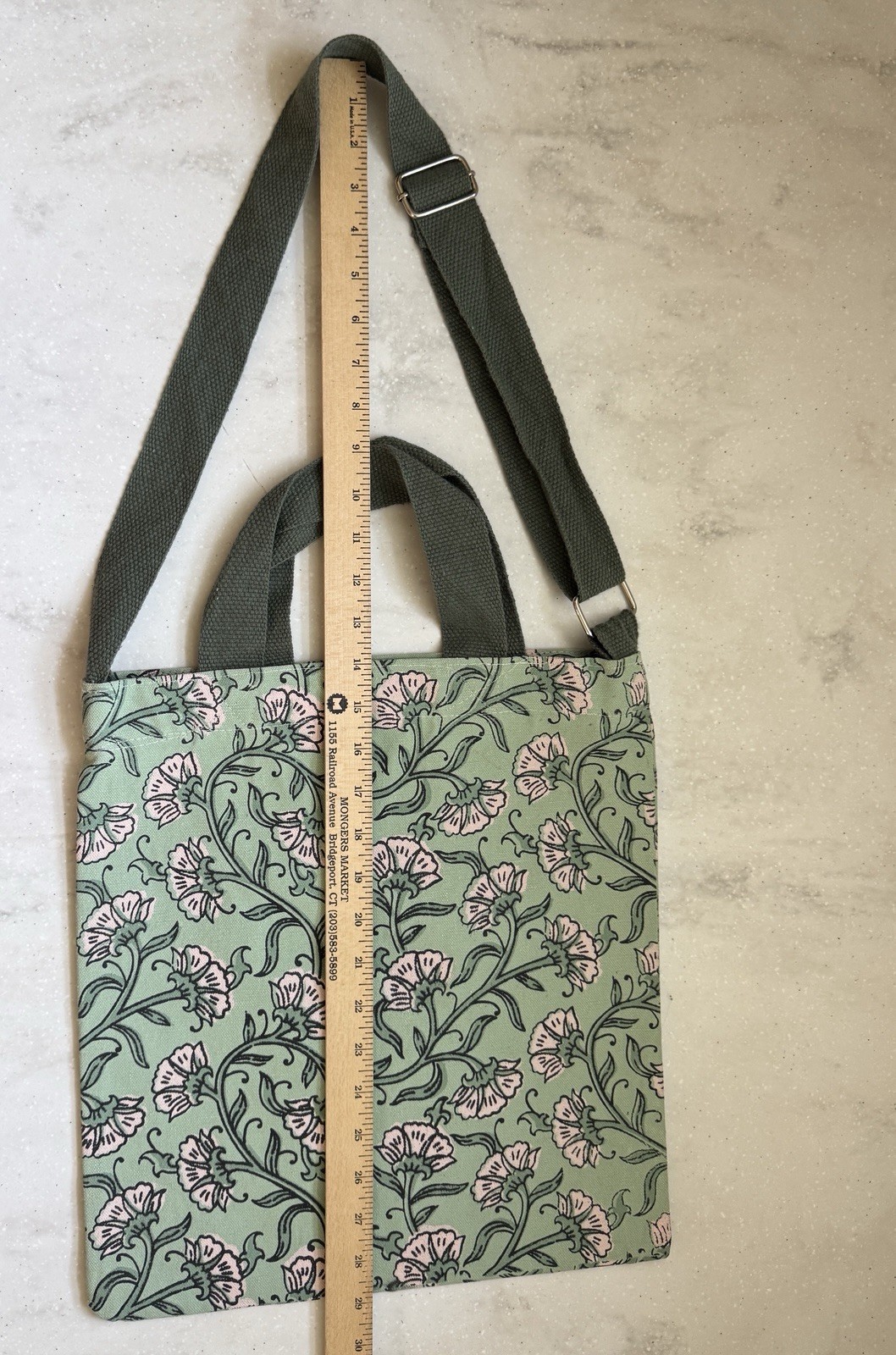 William Morris Style Canvas Tote Double Handles & Straps Green/Pink Floral NWOT