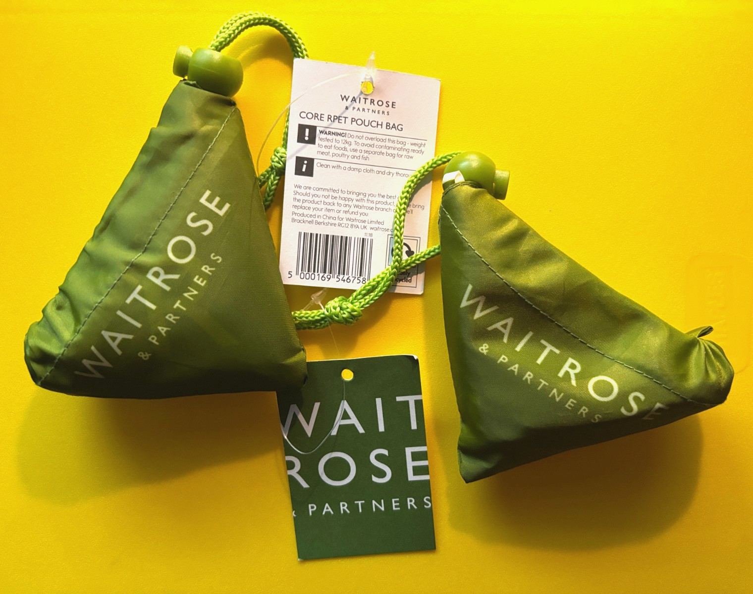 Waitrose & Partners Green Foldable Reusable Shopping Tote Bags Core Lot of 2 NWT