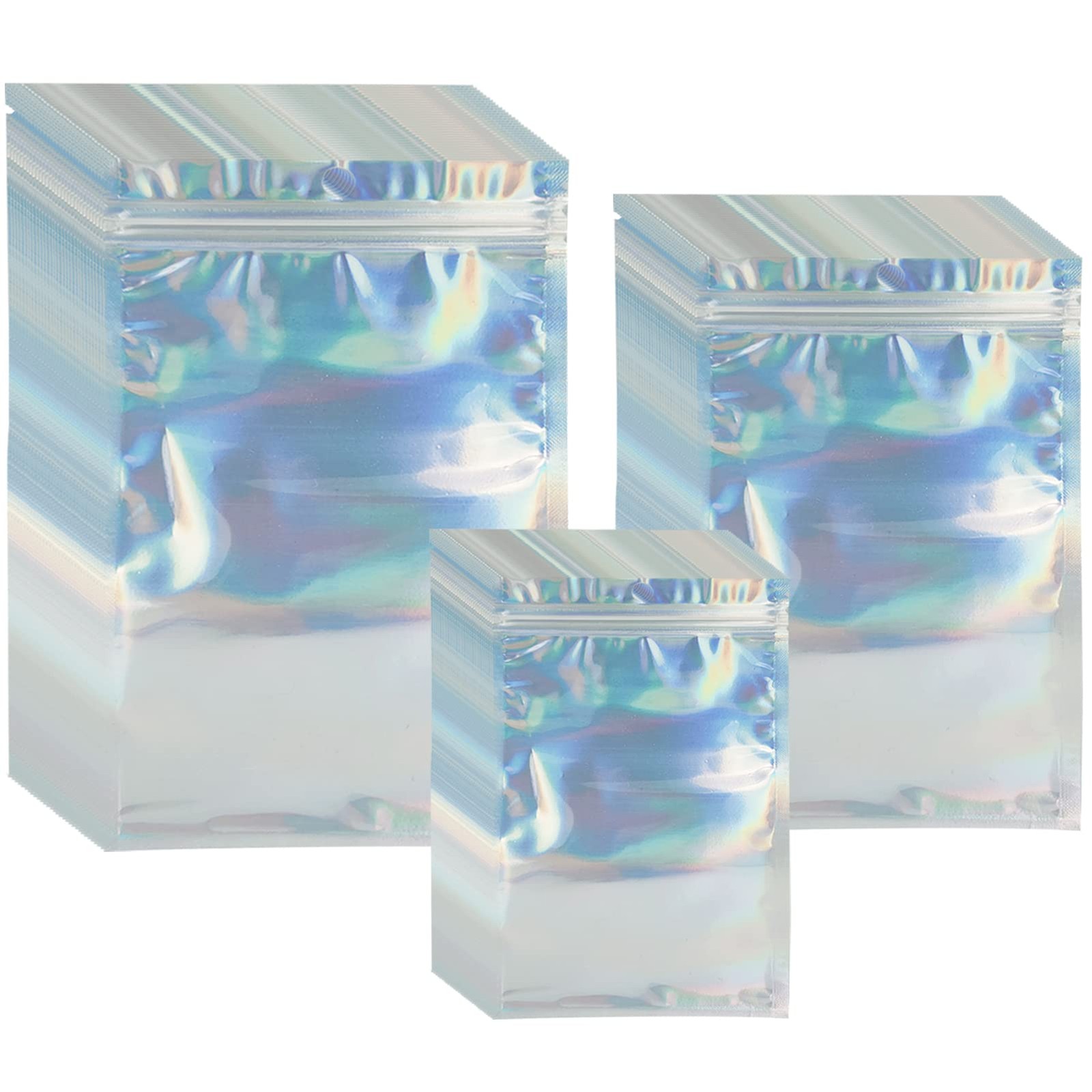 300 Pack 3 Sizes Resealable Mylar Bags Food Storage One Size, Holographic