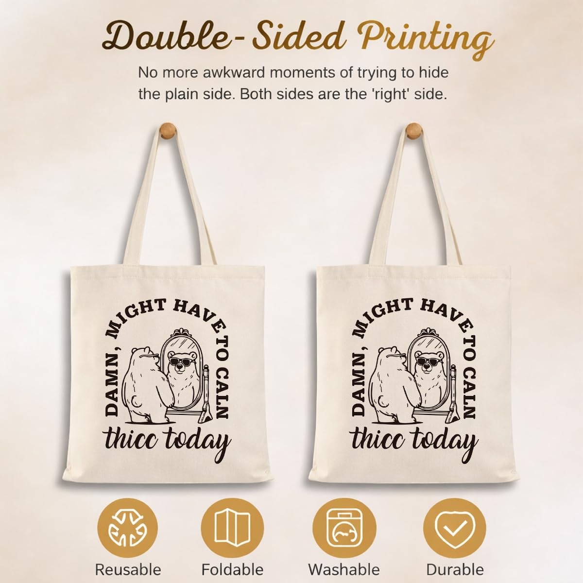 Aesthetic Cute Canvas Bag for Women, Funny Bear Print Tote, Two Sided Printin…