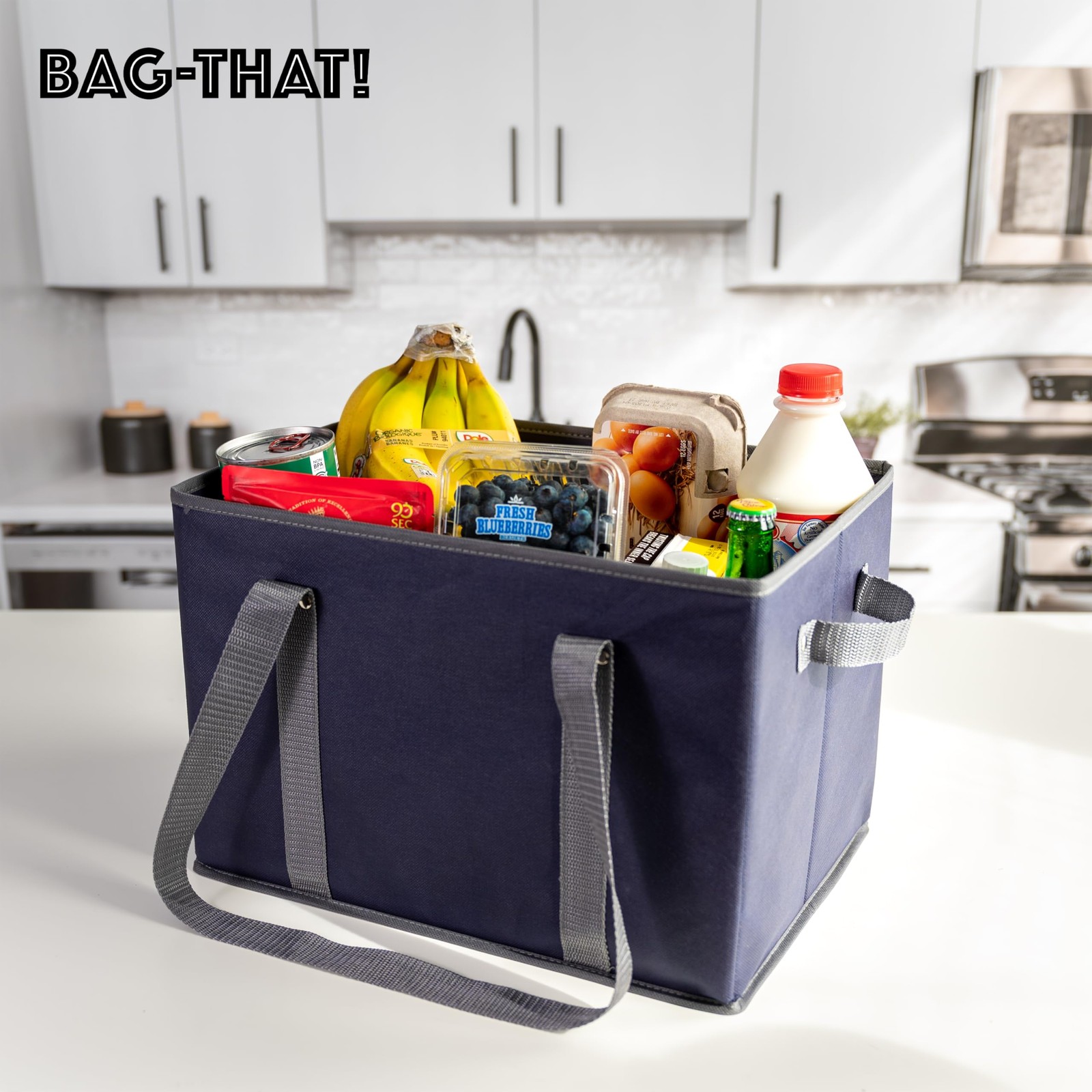 Reusable Grocery Bags Shopping Tote Box Foldable Reinforced Navy 4 PCS
