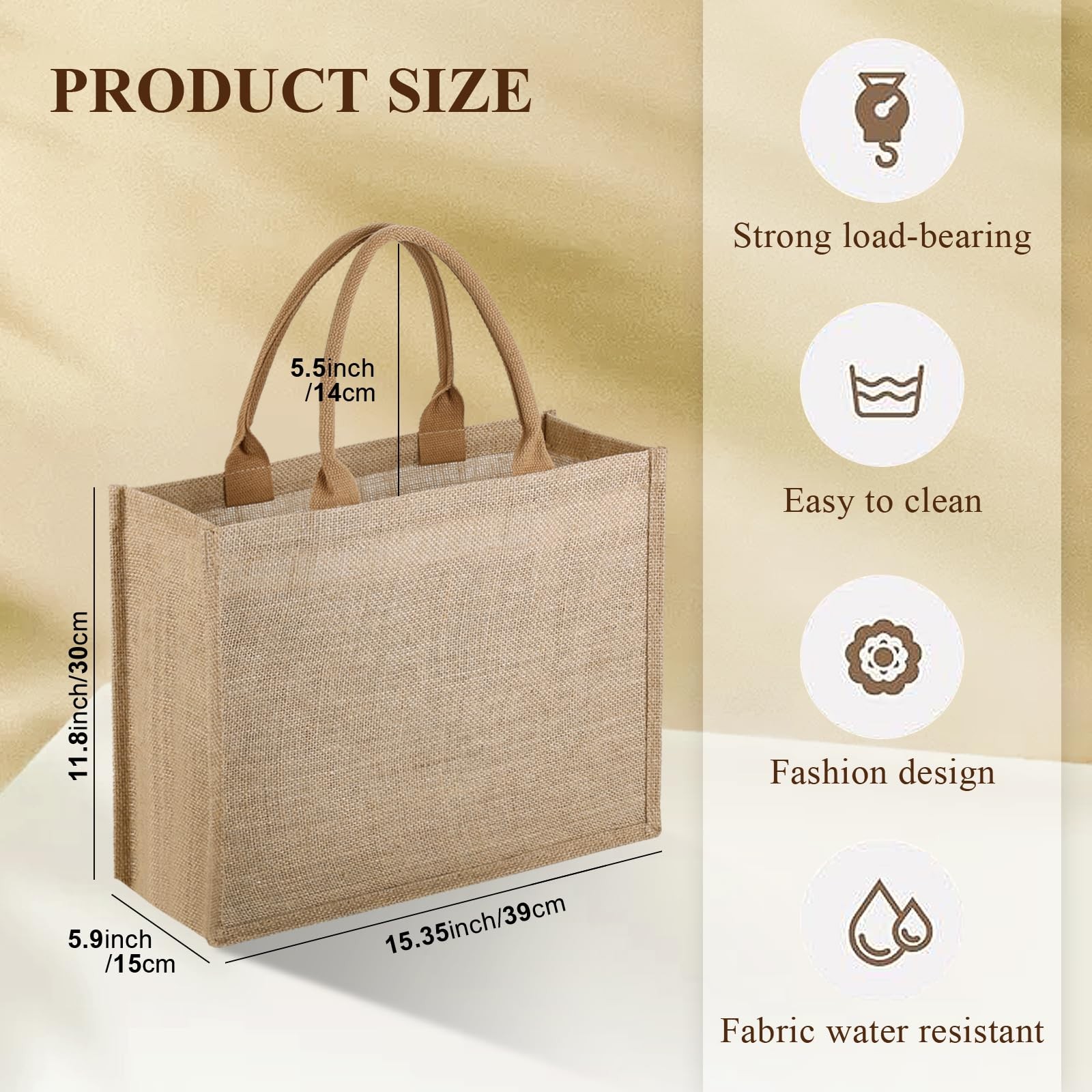 10 Pack Reusable Jute Tote Bags with Handles, 15.1X11.8X5.5 Inch Large Natura…