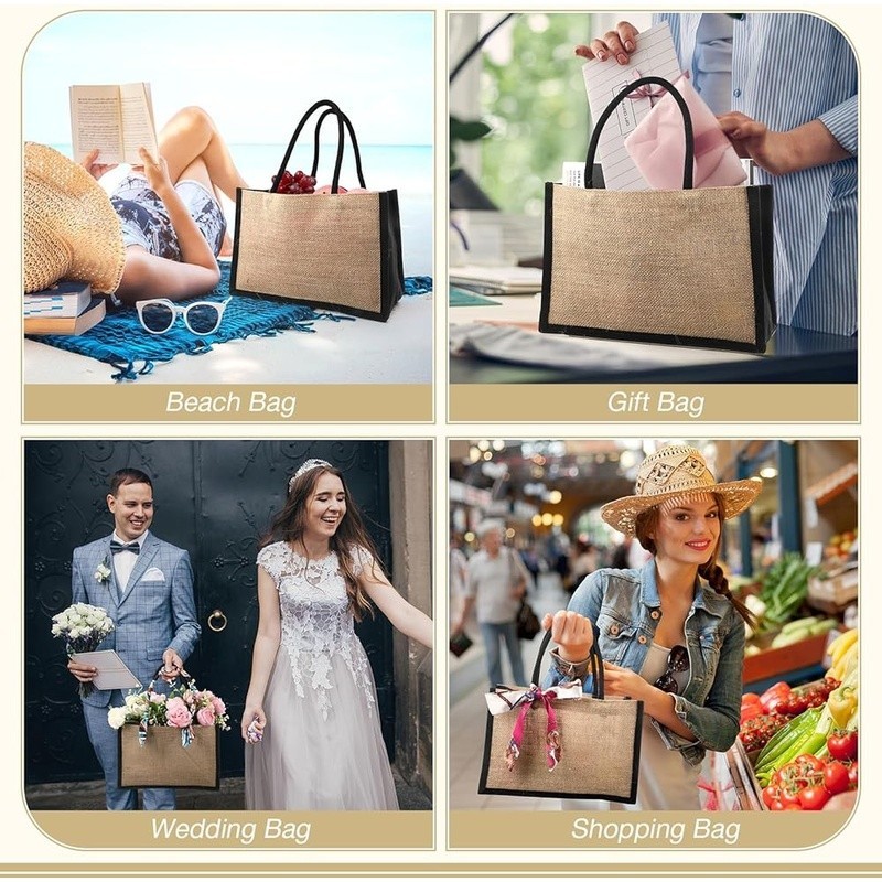 Jute Tote Bags 16 Packs Sturdy Grocery Bags W/ Cotton Handles Waterproof Lined