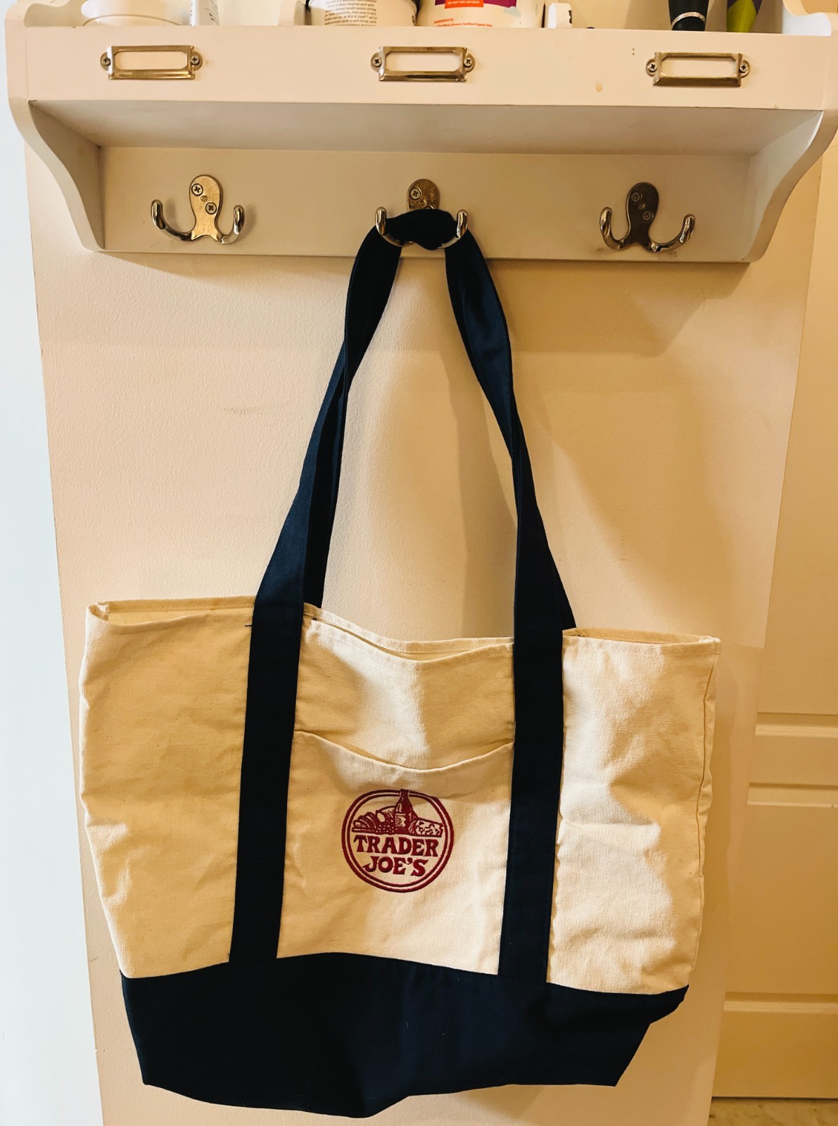 FOR CHARITY: Vintage Trader Joe’s Canvas Navy Tote Bag with Wine Bottle Logo