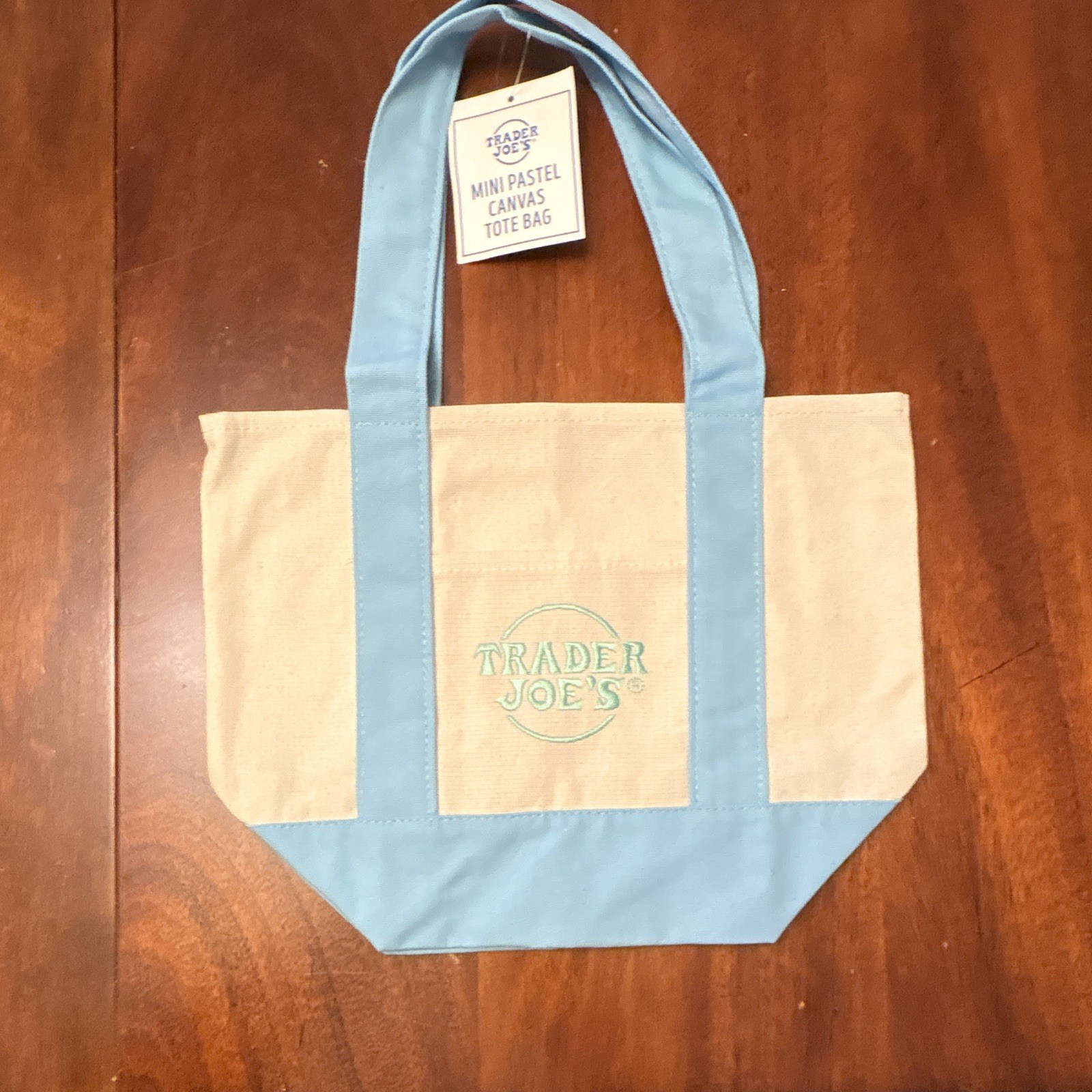 Trader Joe’s Mini Pastel Canvas Tote Bag Blue Beige 13x6x10 in