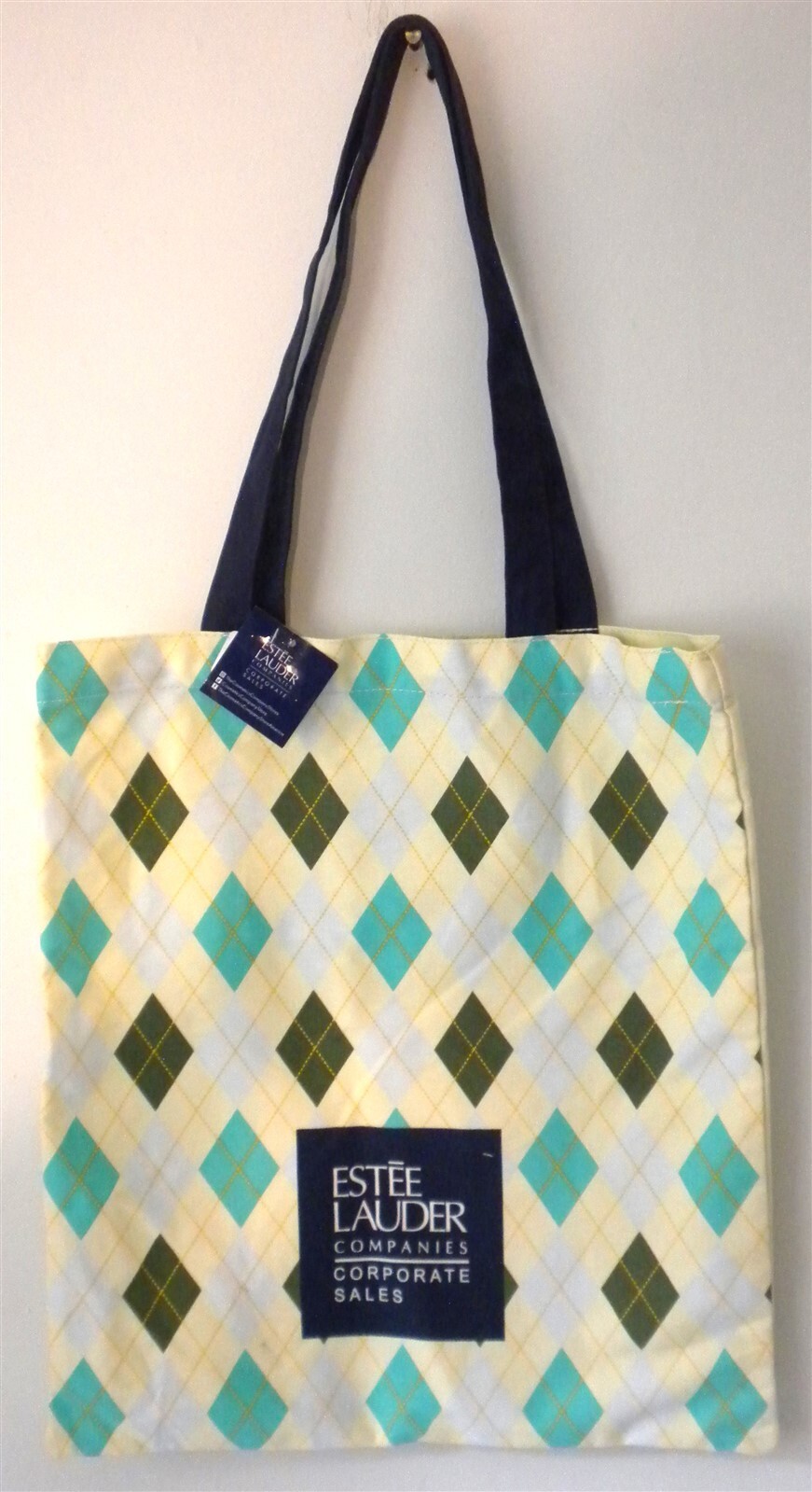 16.5X14.5″ ESTEE LAUDER YELLOW GREEN BLUE DIAMOND PLAID CANVAS “CORP SALES” TOTE