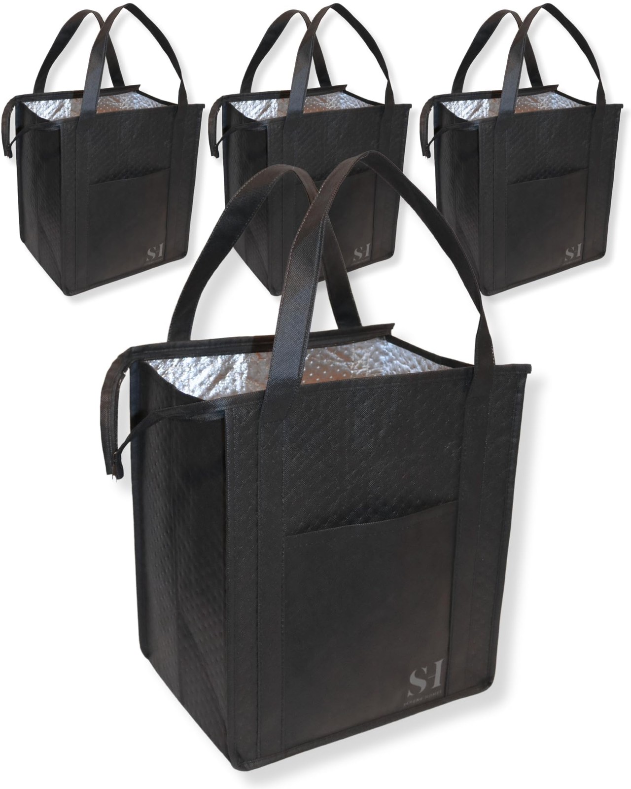 Black Insulated Grocery Bags, 4 Pack Reusable Shopping Bags with Zippered Top…