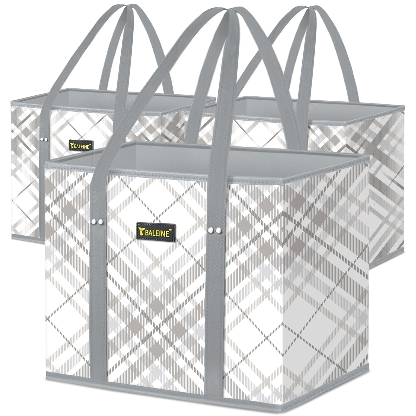 3 PCS Reusable Grocery Bags Foldable Shopping Reinforced Bottom Plaid Check
