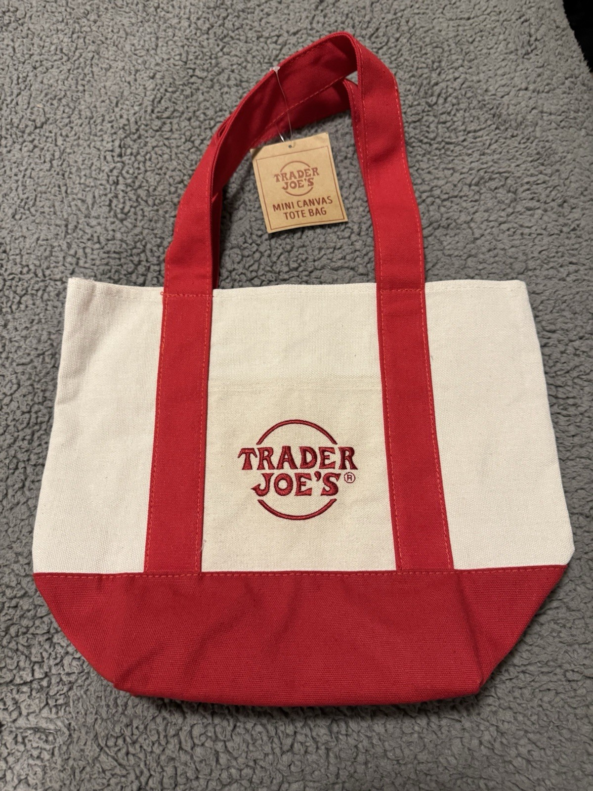 Trader Joe’s Mini Canvas Tote Bag Small Red Beige Foldable Cotton Polyester
