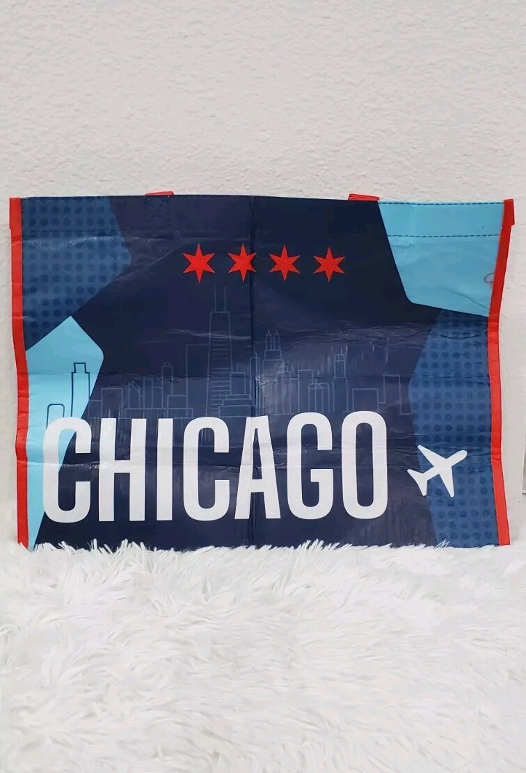 Chicago Reusable Shopping Bag – 12″x16″x5.5″ Red White Blue Airport Travel Tote