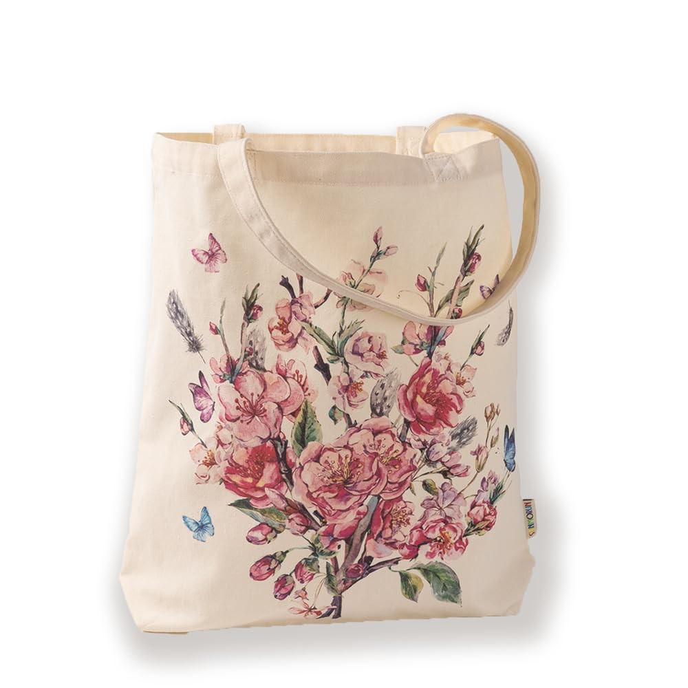 Canvas Tote Bag with Zipper Pockets Vintage Flowers Cute Natural Life Gifts G…