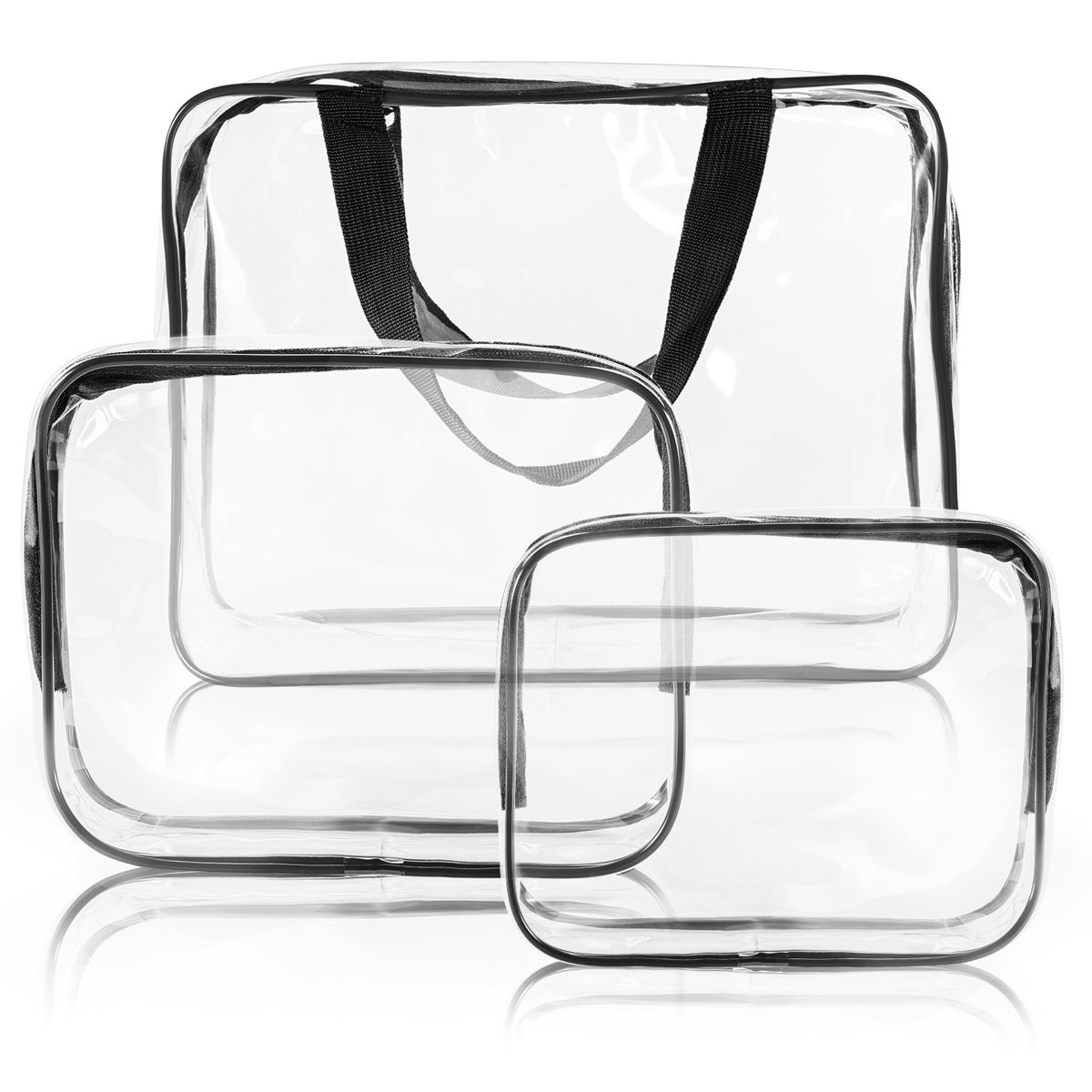 3Pcs Crystal Clear PVC Travel 3 Piece Set, 1 Large, 1 Medium, 1 Small-Black