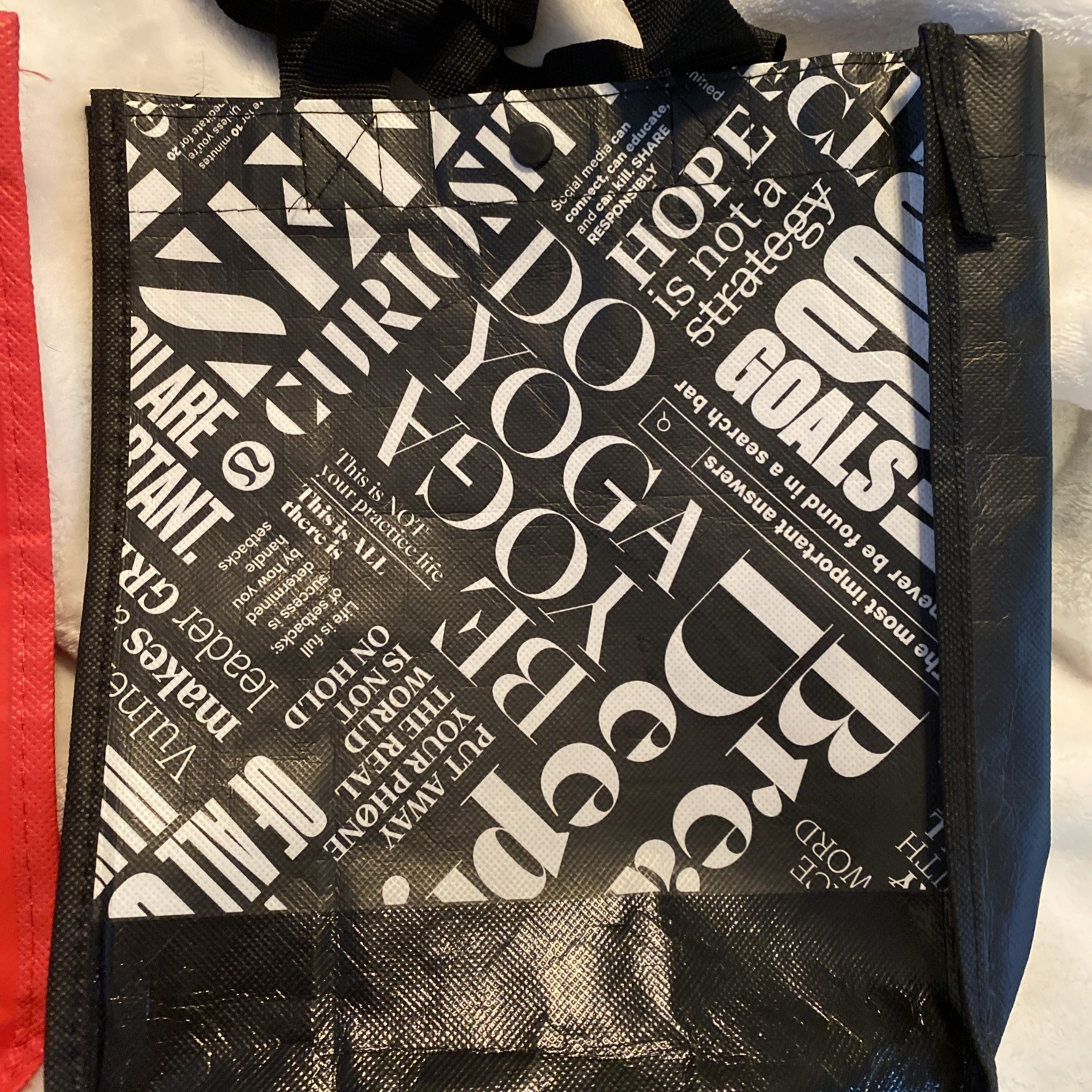 Lot of 2 Lululemon Small Shopping Bags Black/White Yoga Text 12″x9″