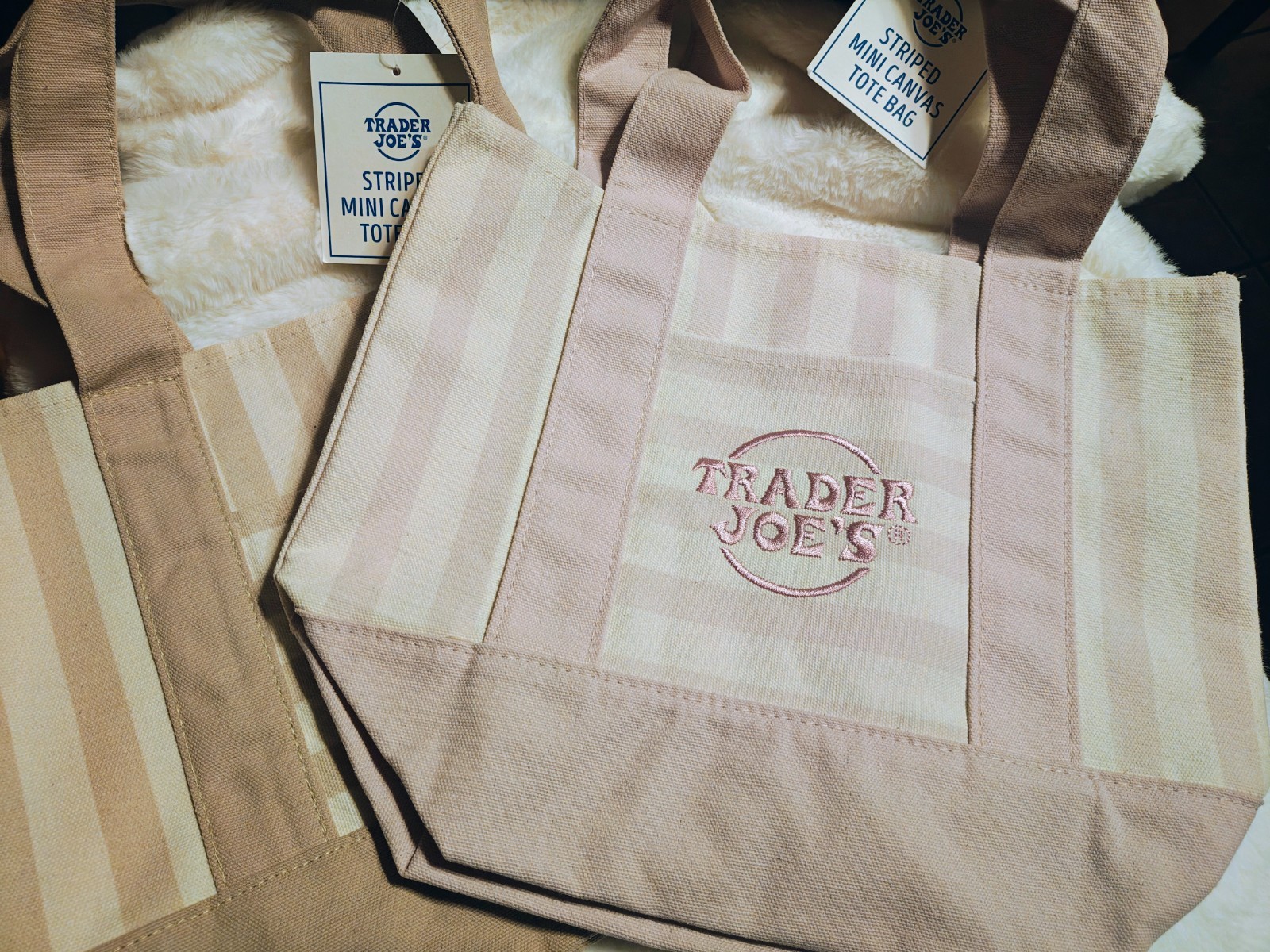 New – Trader Joe’s Canvas Tote Bags Lot of 2 Striped pink and beige 13x8x10