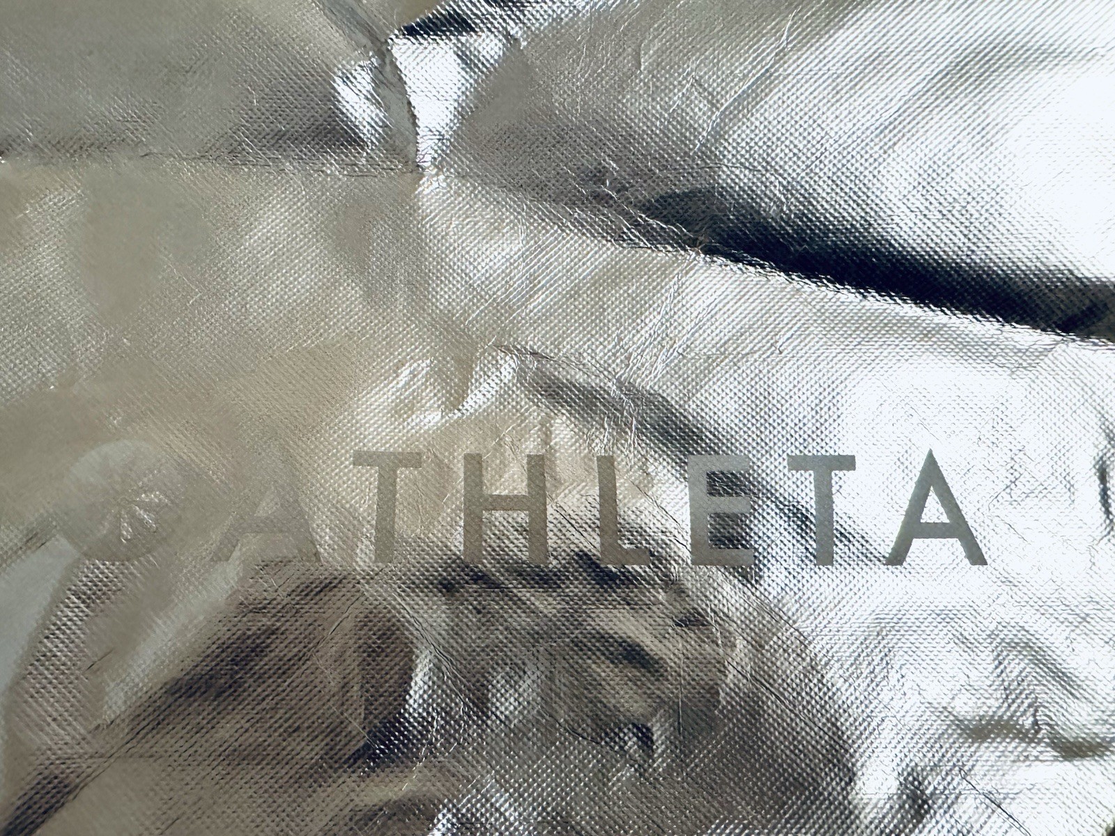 ATHLETA Travel Shopping Reusable Tote Bag Silver Metallic 14”x15” FREE SHIPPING