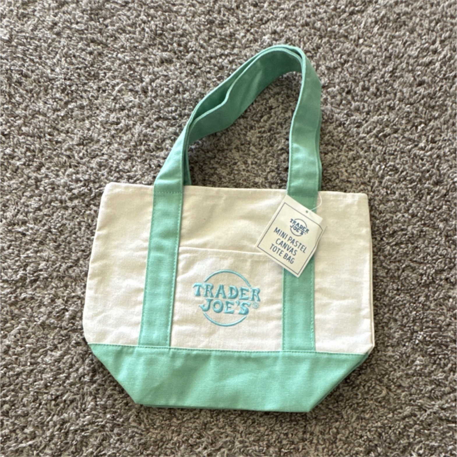 Trader Joe’s Small Foldable Canvas Tote Bag Mint Green Cream Solid