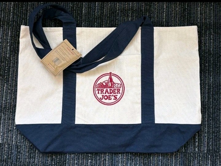 Lot 2x Trader Joes Reusable Canvas Tote Bag Heavy Duty Bag Blue White Brand NEW