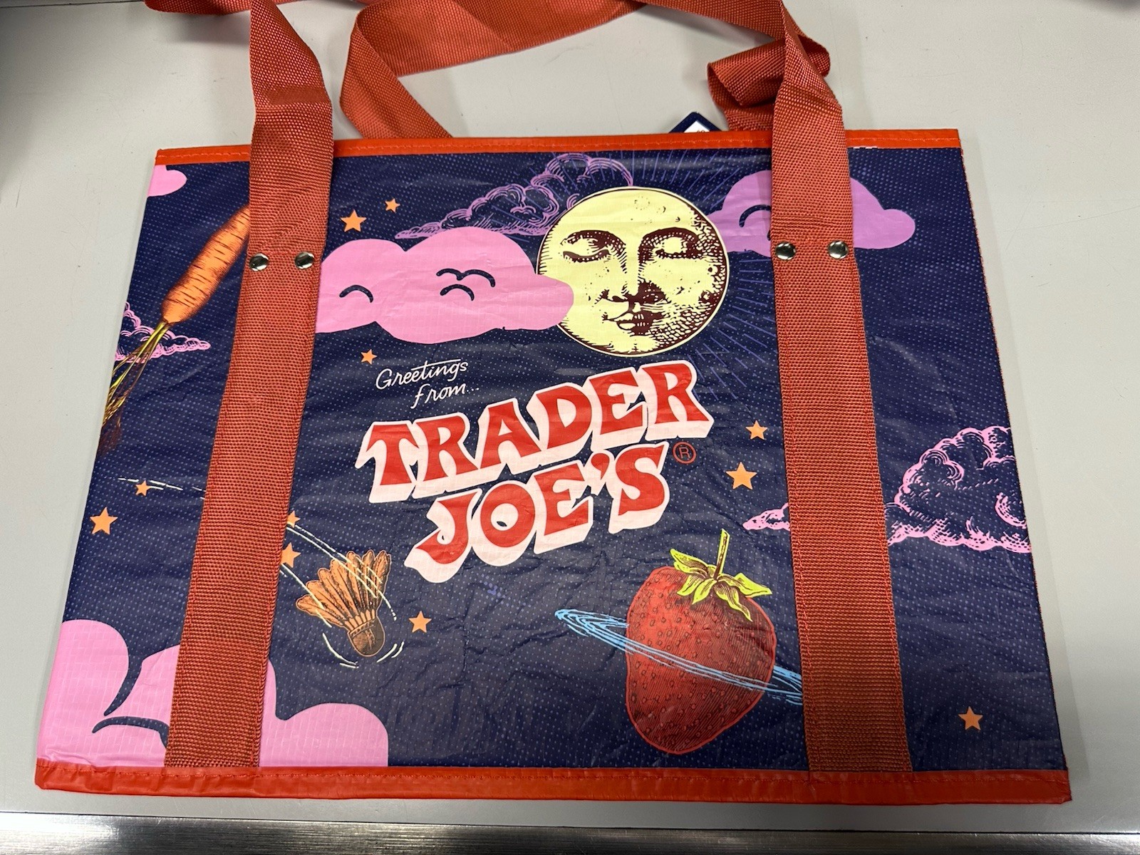 Trader Joe’s Collapsible Tote Bag, NEW, Each Side A Different Design