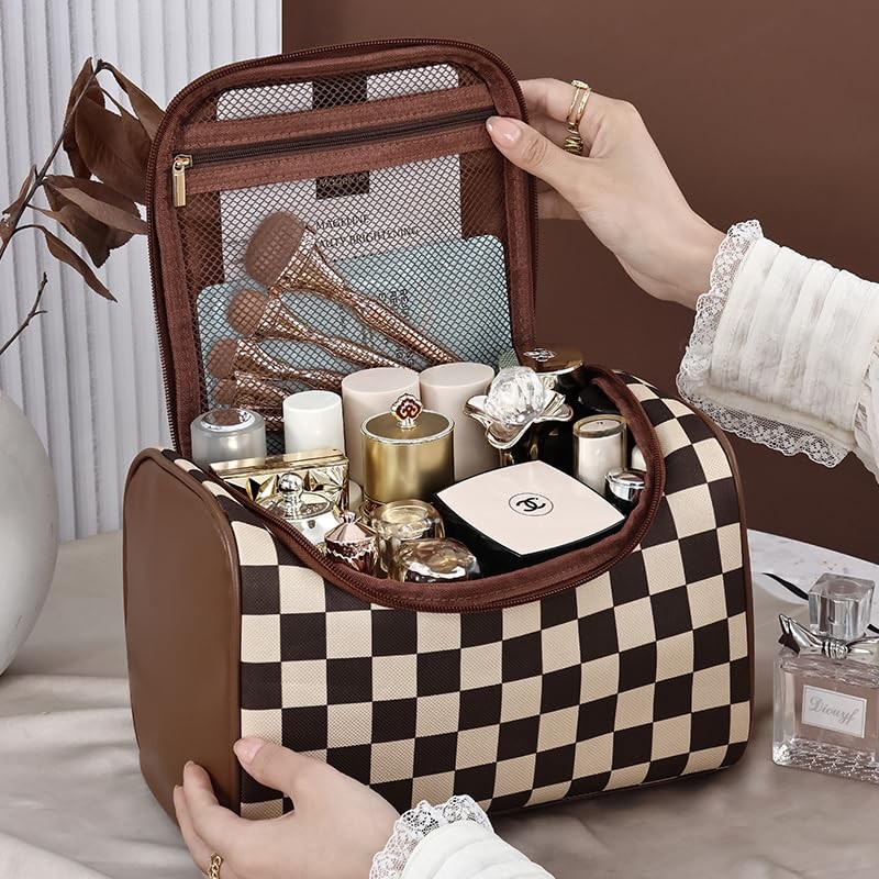 Yikisite Plaid Makeup Bag Large Capacity Travel 9.25 x 6 x 12.5 inches, Brown