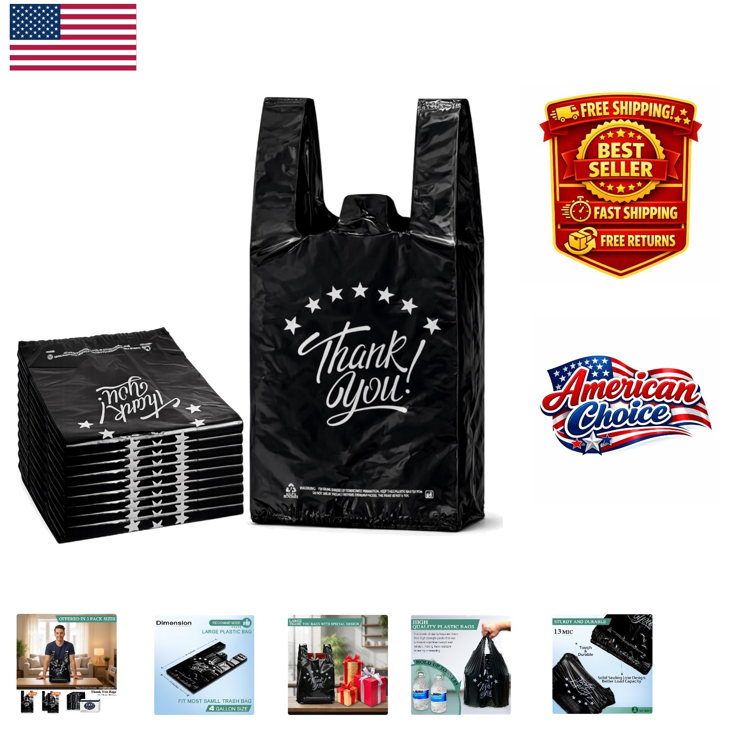Durable 11”x6”x21” Black Thank You Grocery Bags – 100 Count for Versatile Use