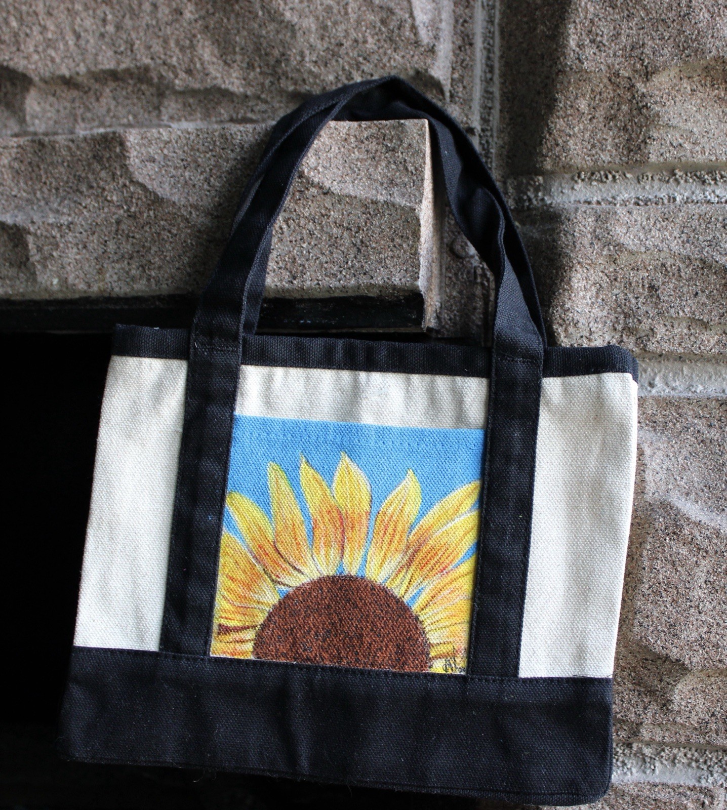 Sunflower Floral 100% Cotton Reusable Tote Bag Black/Beige/Blue/Yellow 7x6in