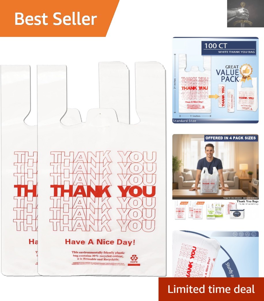 Bulk 100PCS White Grocery Shopping Bags – Durable Thank You Plastic T-Shirt Bags