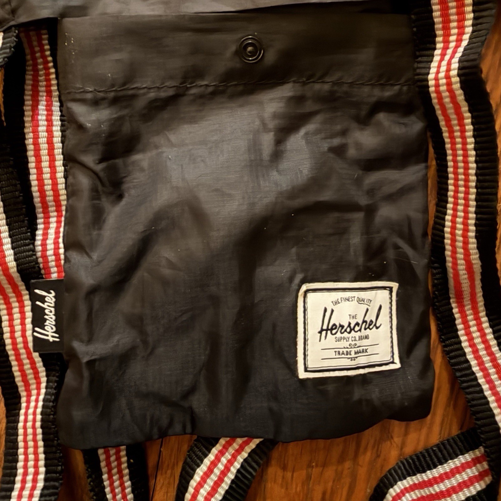Herschel Reuseable Packable Tote Bag Red Black Striped Handle
