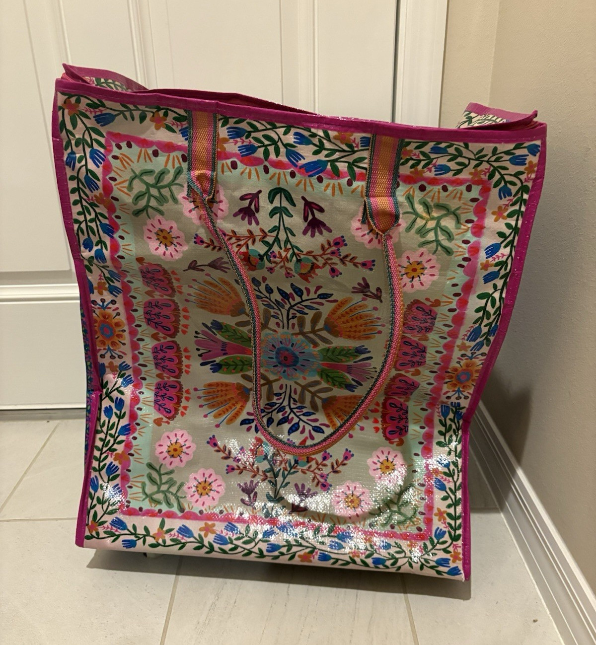 Natural Life XL Floral Multicolor Reusable Shopping Bag Tote w/ Wheels & Handles