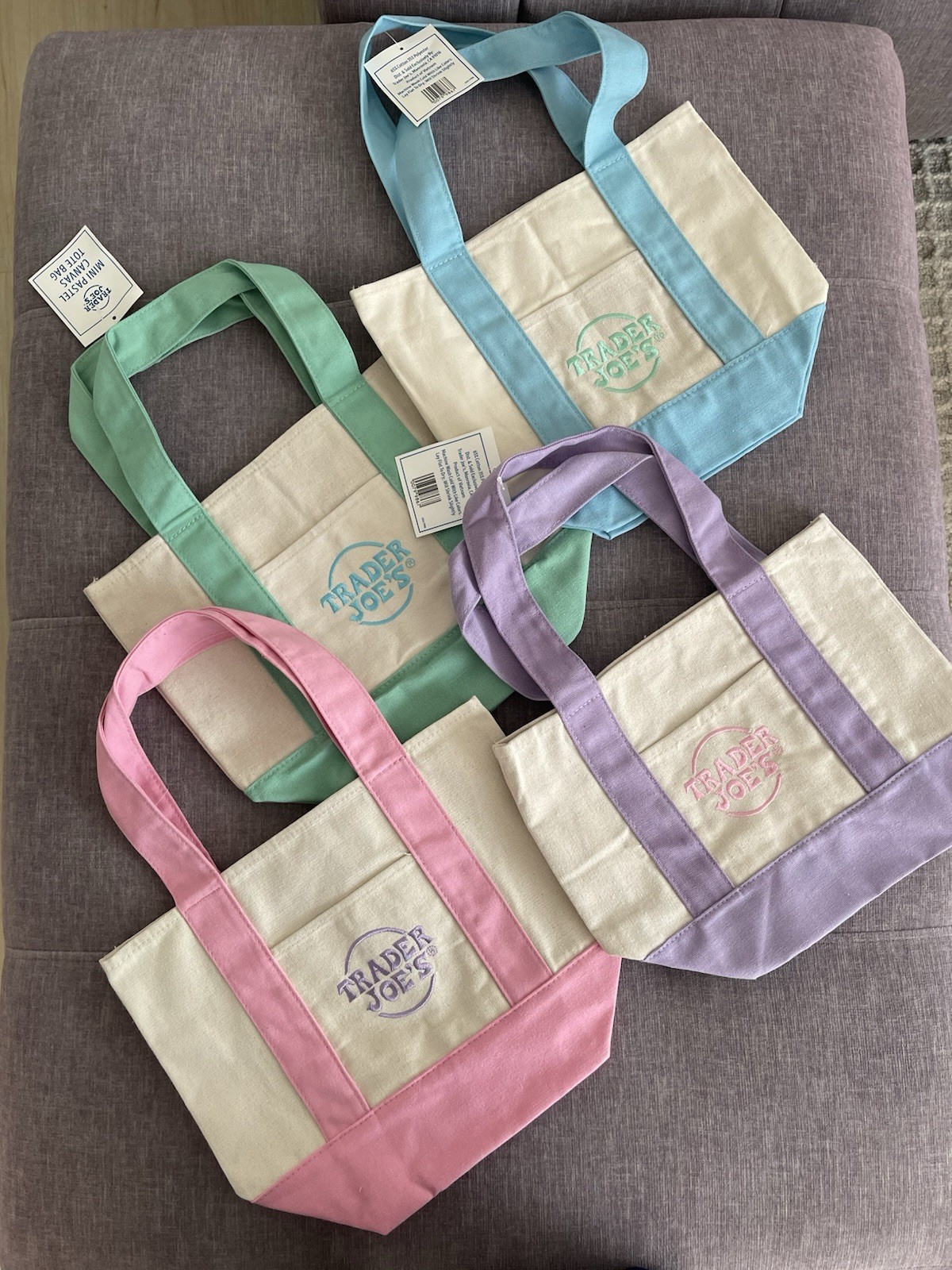 Trader Joe’s Mini Pastel Canvas Tote Bag Set Of 4 Pink, Blue , Green Lavender