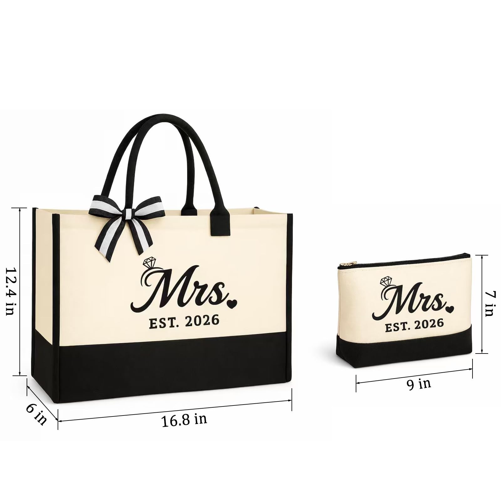 Terrarowth Mrs 2026 Canvas Tote Bag Set, Wedding Bridal Gift Large, White