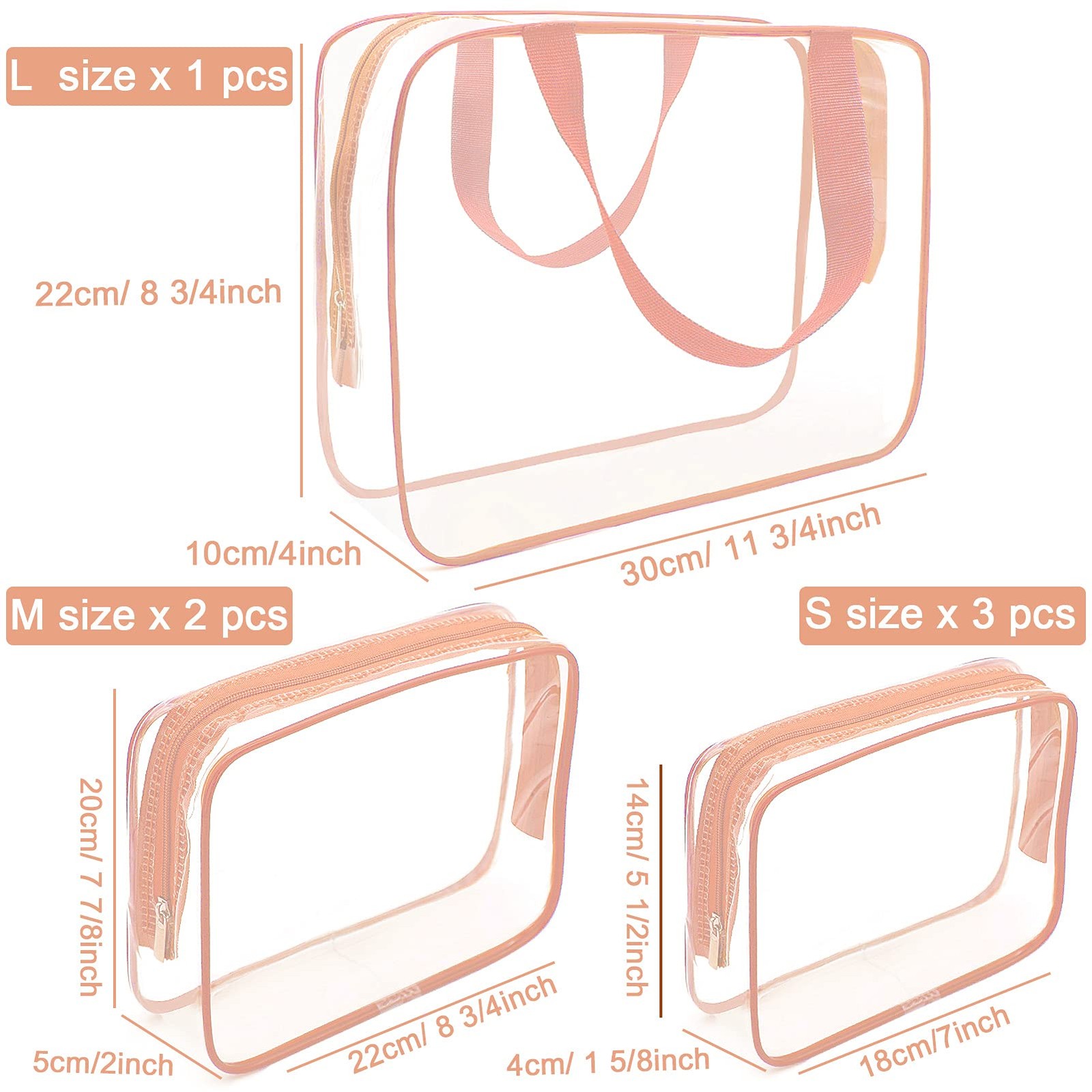 APREUTY Clear Makeup Bags, TSA Approved 6 PCS, Pink-6PCS (Large+Medium+Small)