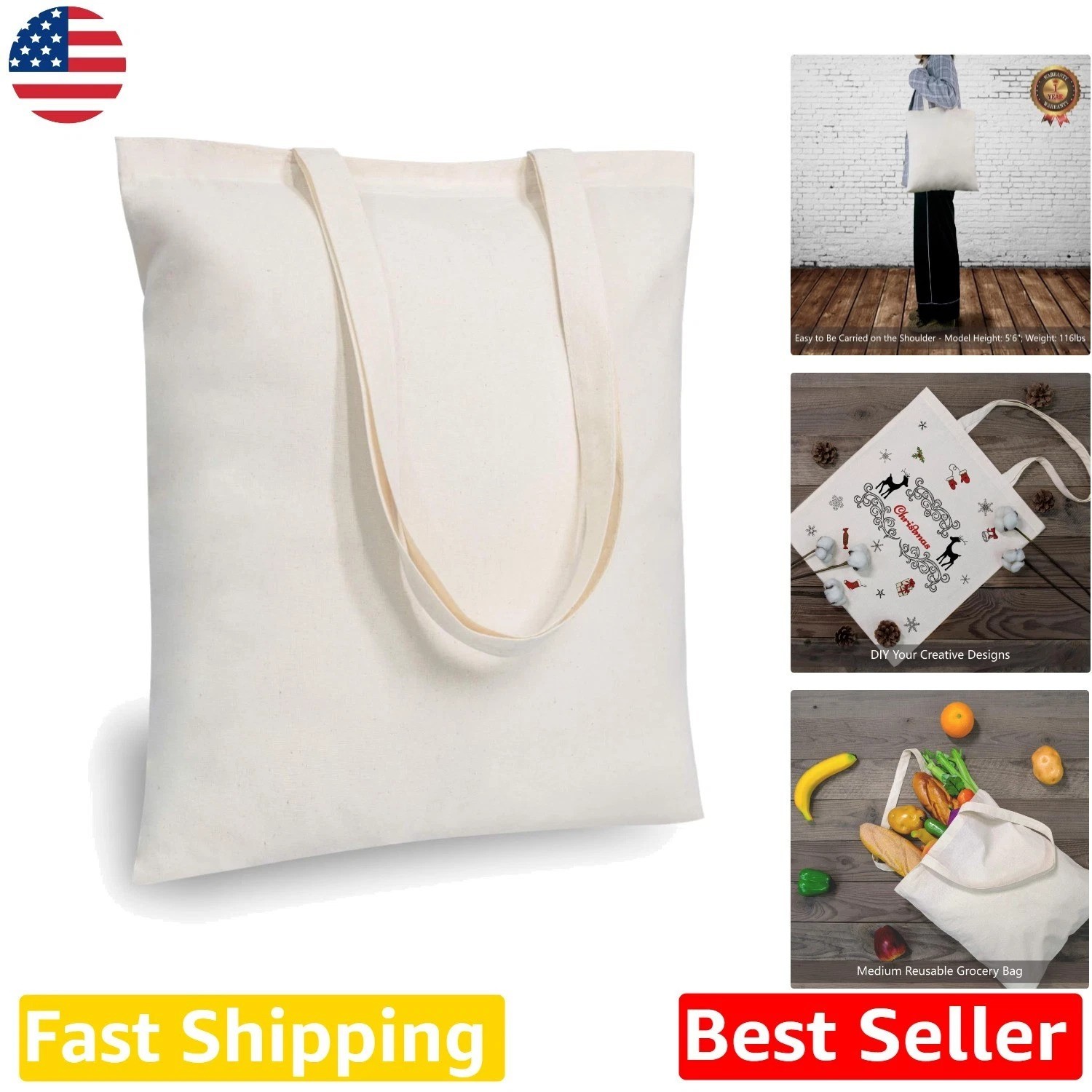 48 Cotton Tote Bags – Lightweight 16″x15″ Eco-Friendly Grocery Bags