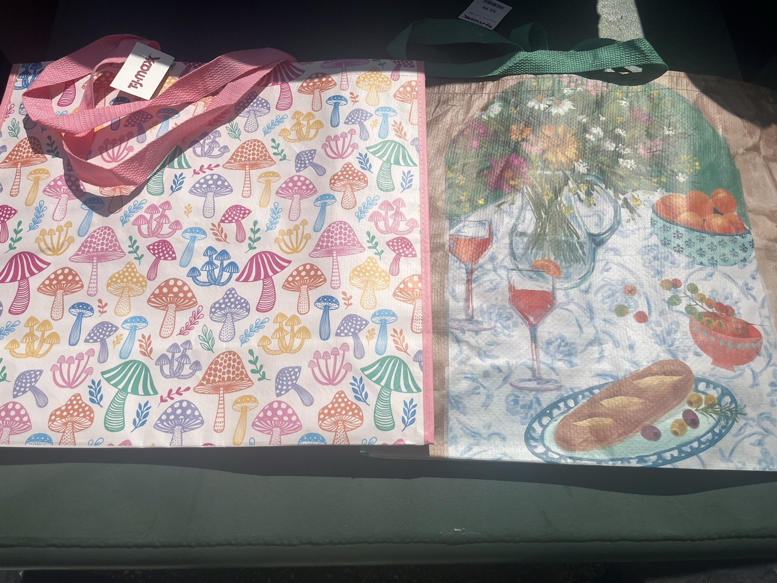 Lot Of Two TJ MAXX REUSABLE SHOPPING TRAVEL TOTE BAGS Wine Mushroom As Shown