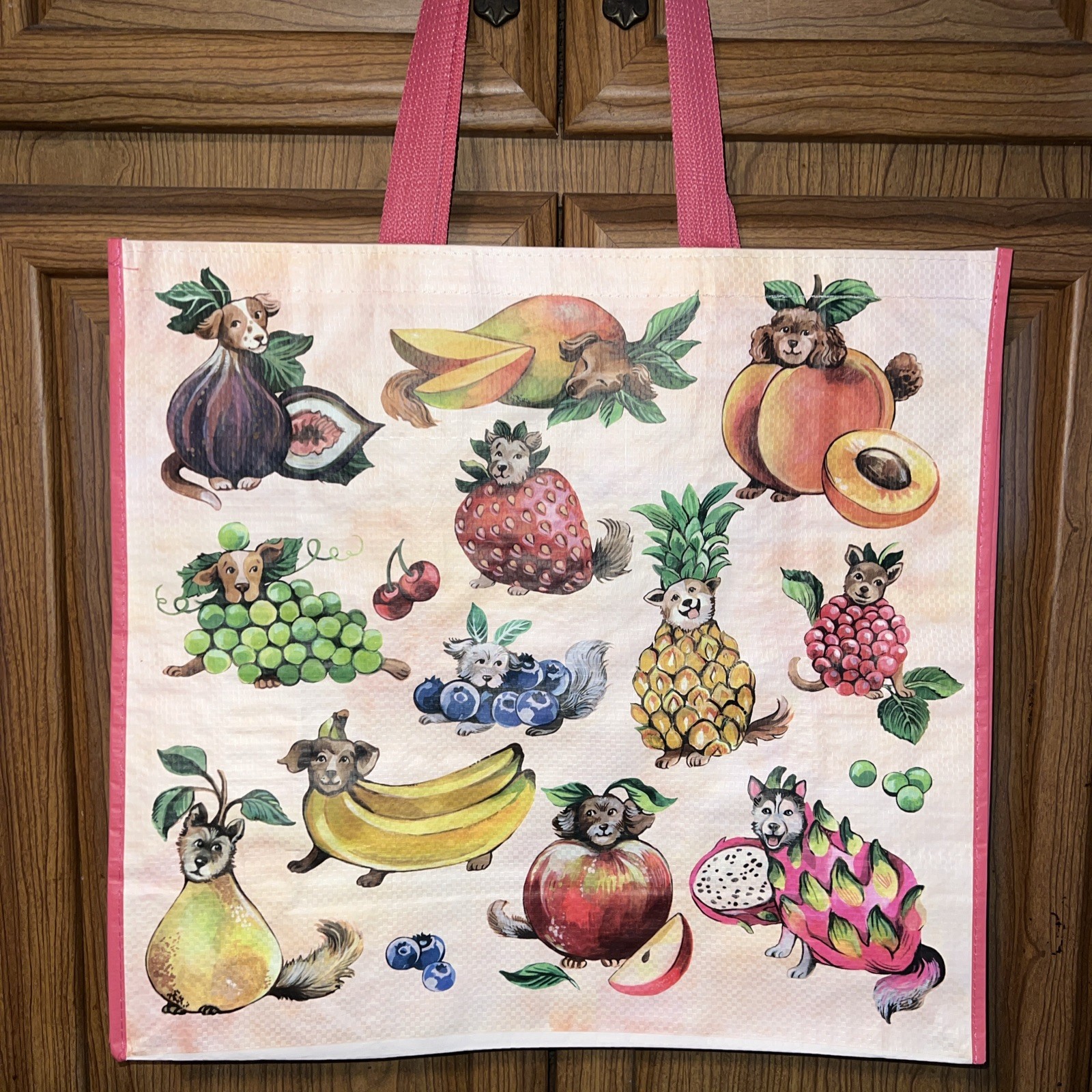 Reusable Tote Bag ~ 20″ X 18″ X 8″ ~ DOGS DRESSED AS FRUIT By T. J. Maxx🐶